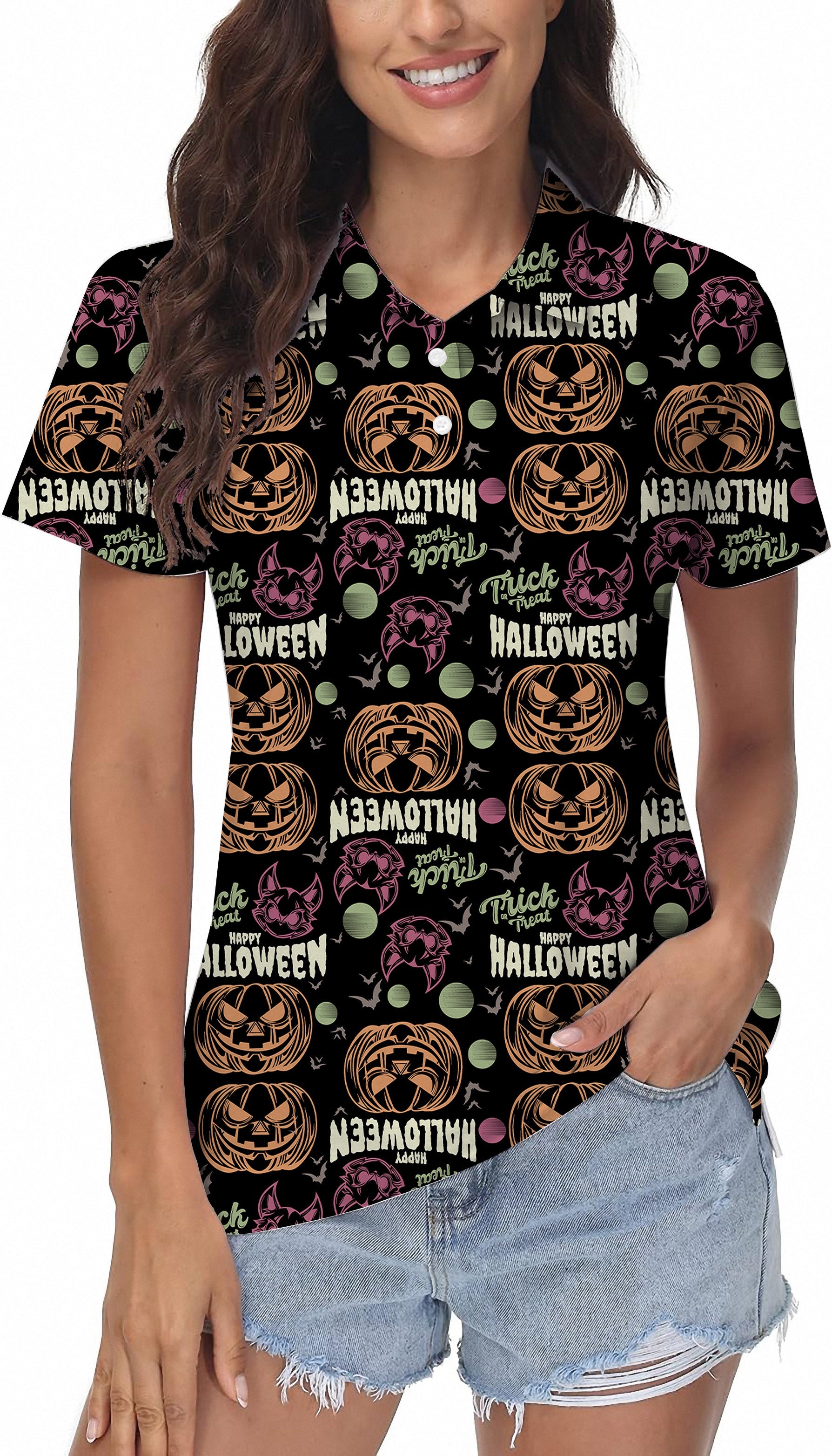Women's Happy Halloween colorful pumpkin golf polo shirt with custom monogram options, moisture-wicking fabric, and UPF 40+ protection
