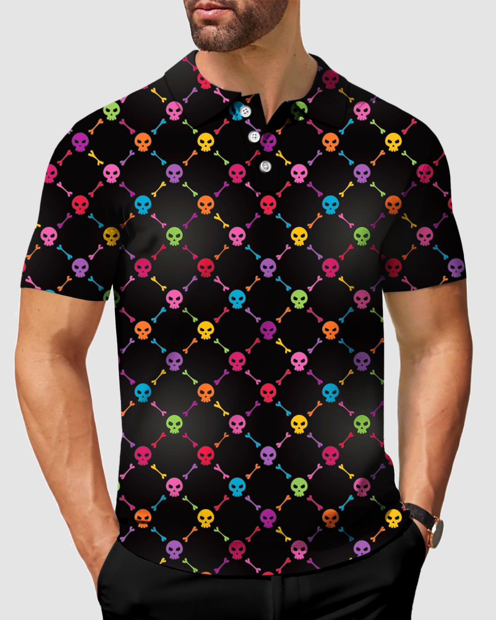 Men's Halloween Colors Skull Bones Polo shirt with multicolor skulls and crossbones pattern on black, breathable, stretchy fabric, designed for comfort and style.