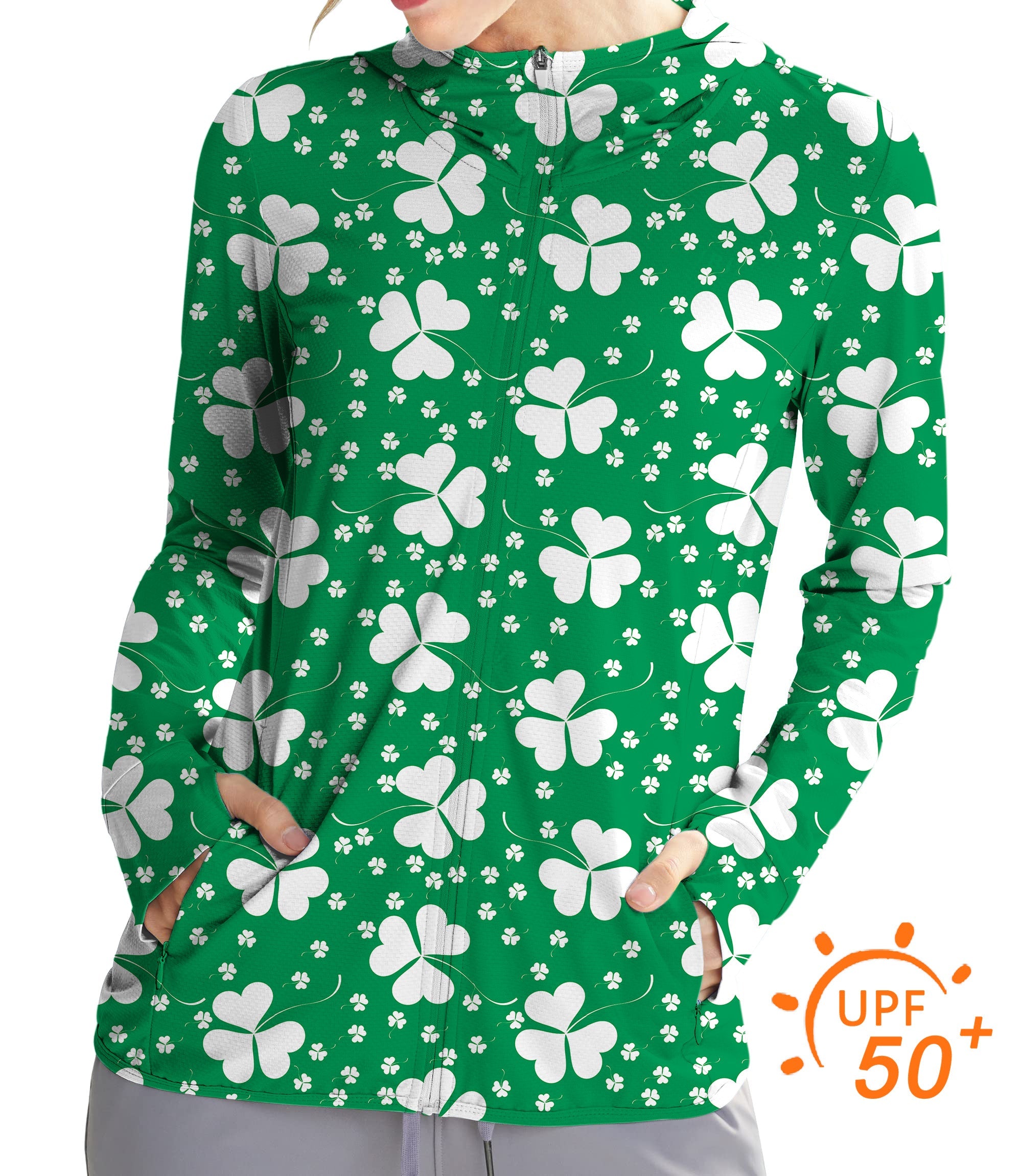 Women's outdoor leaf clover St. Patrick's Day golf sun protection slim fit zip hoodie with UPF 50+