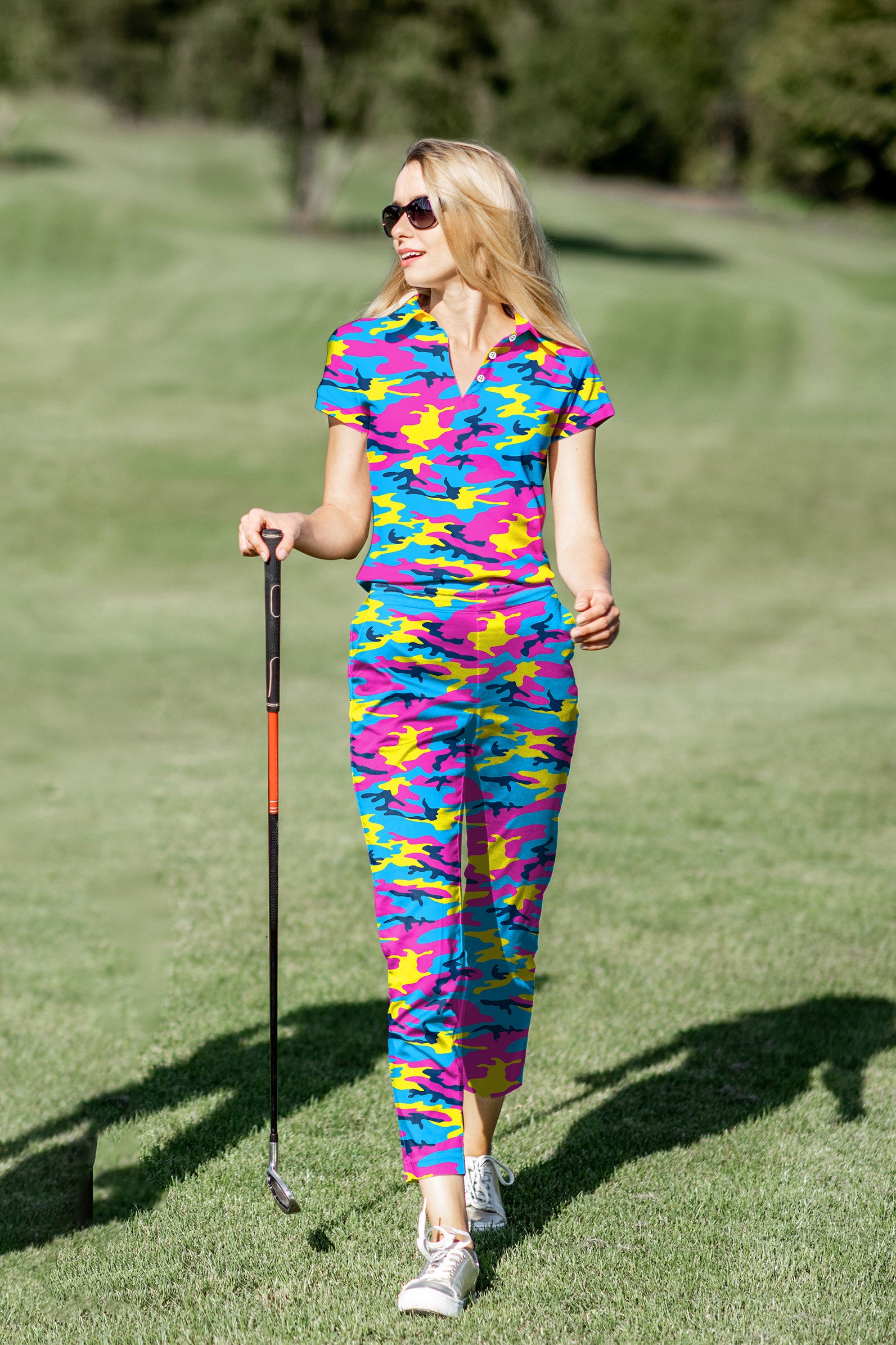 Women's Golf Polo+Pants Set Neon Camo