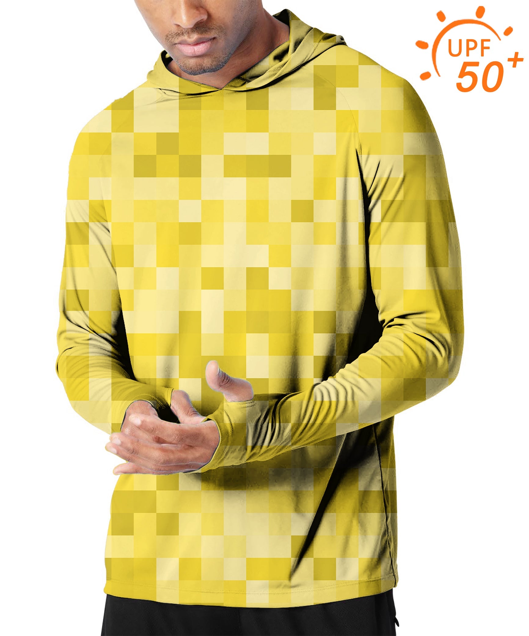 Men's outdoor yellow pixel big golf slim fit hoodie with UPF 50+ sun protection and thumb holes