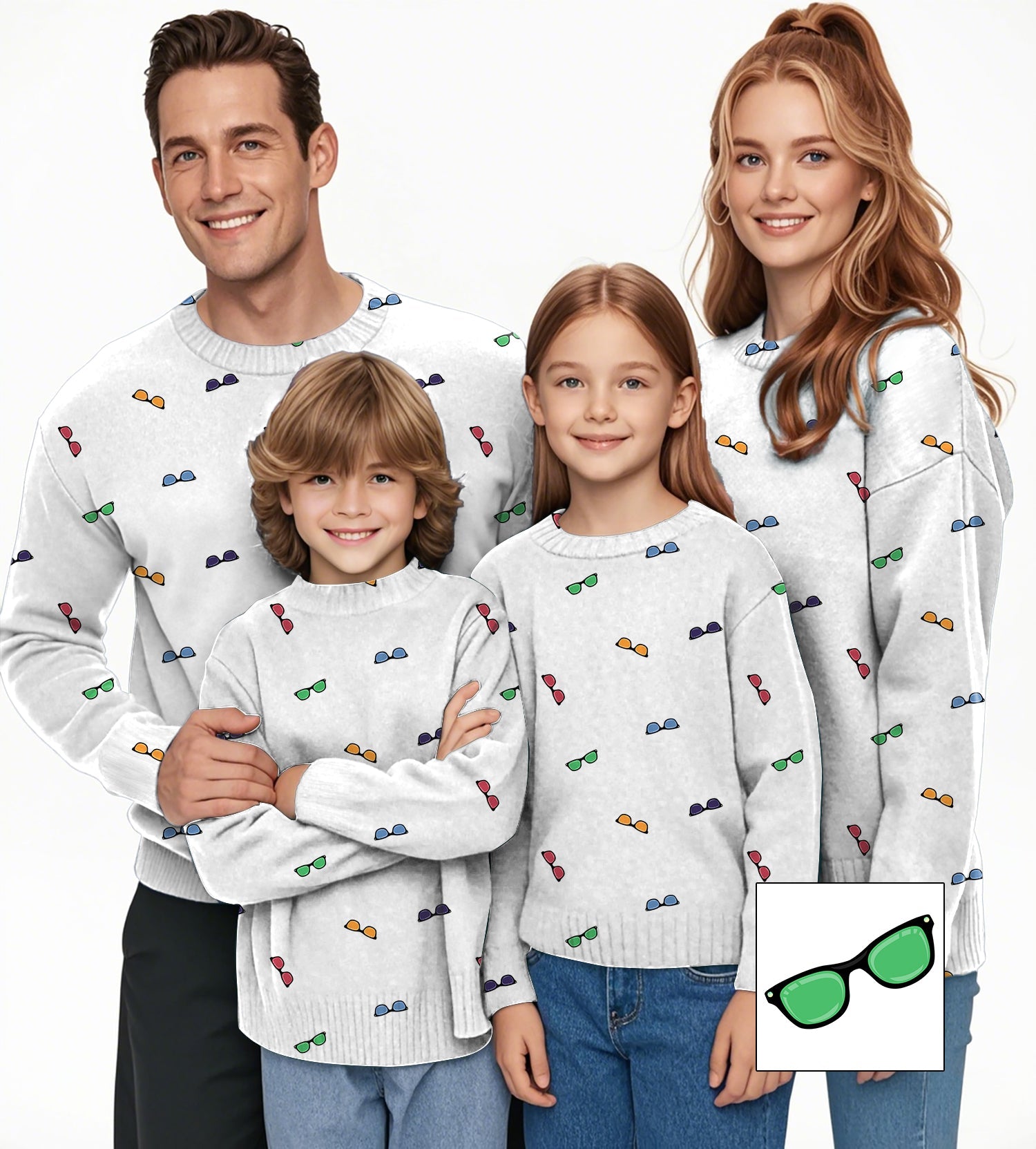 Family wearing matching colorful sunglass custom crewneck pullovers with sunglass patterns