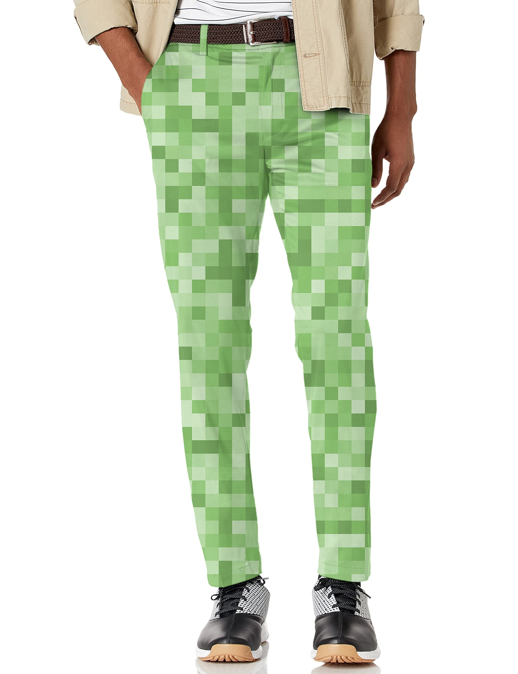Men's light green pixel pattern stretch golf pants with moisture-wicking fabric and active waistband