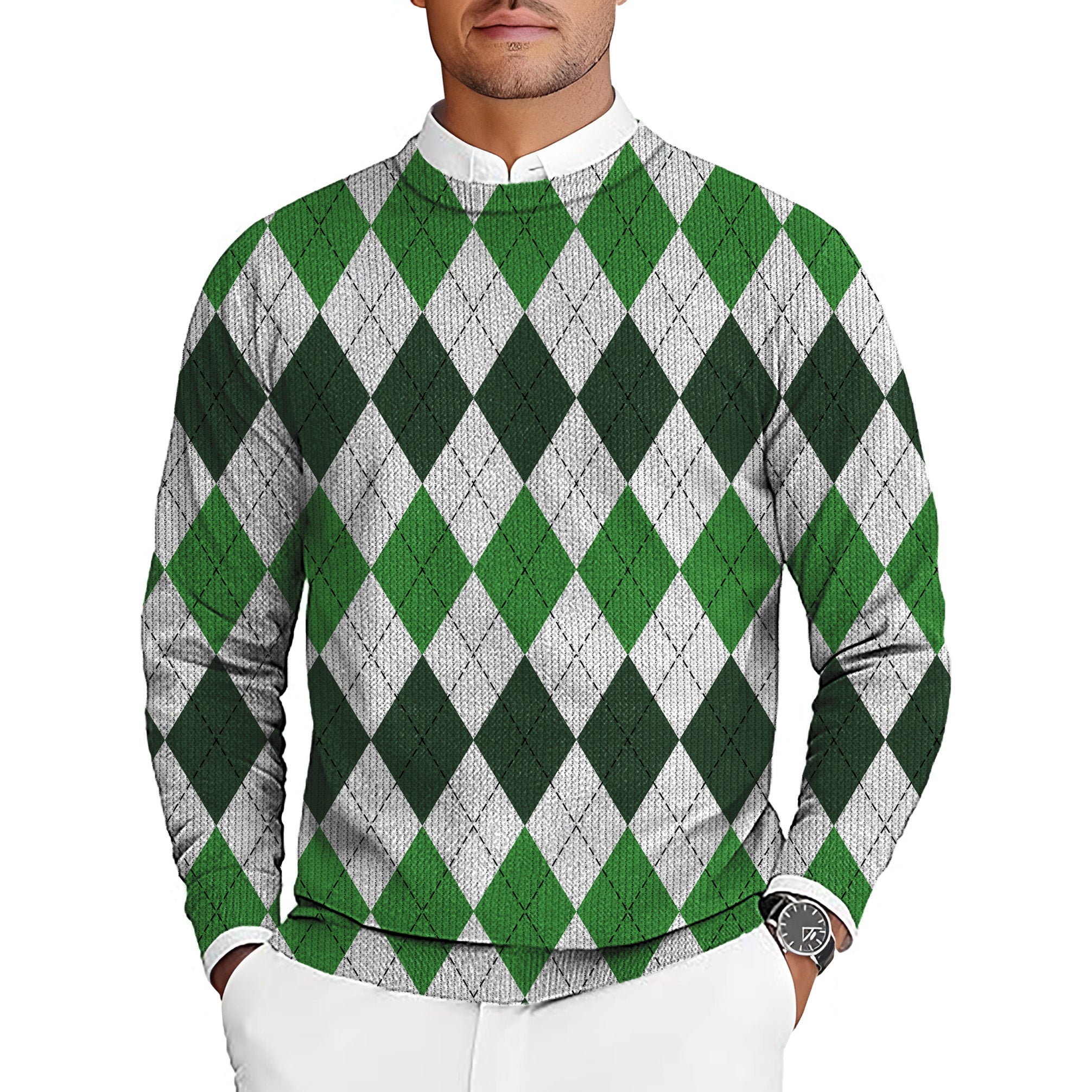 St. Patricks day argyle plaid men's golf crewneck pullover sweater