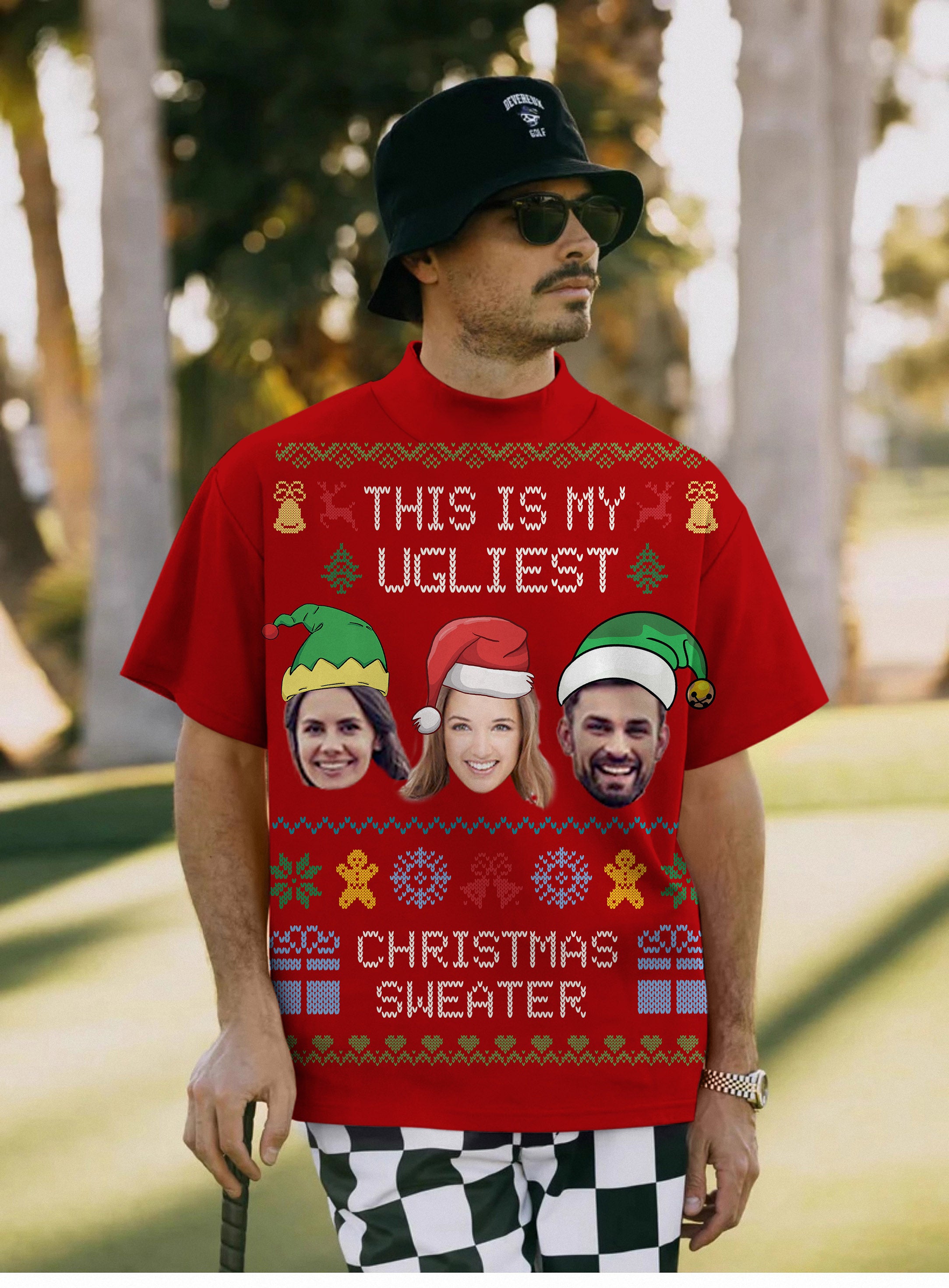 Men's Red-Christmas Custom face Pullover High neck Long/Short sleeve T-Shirt