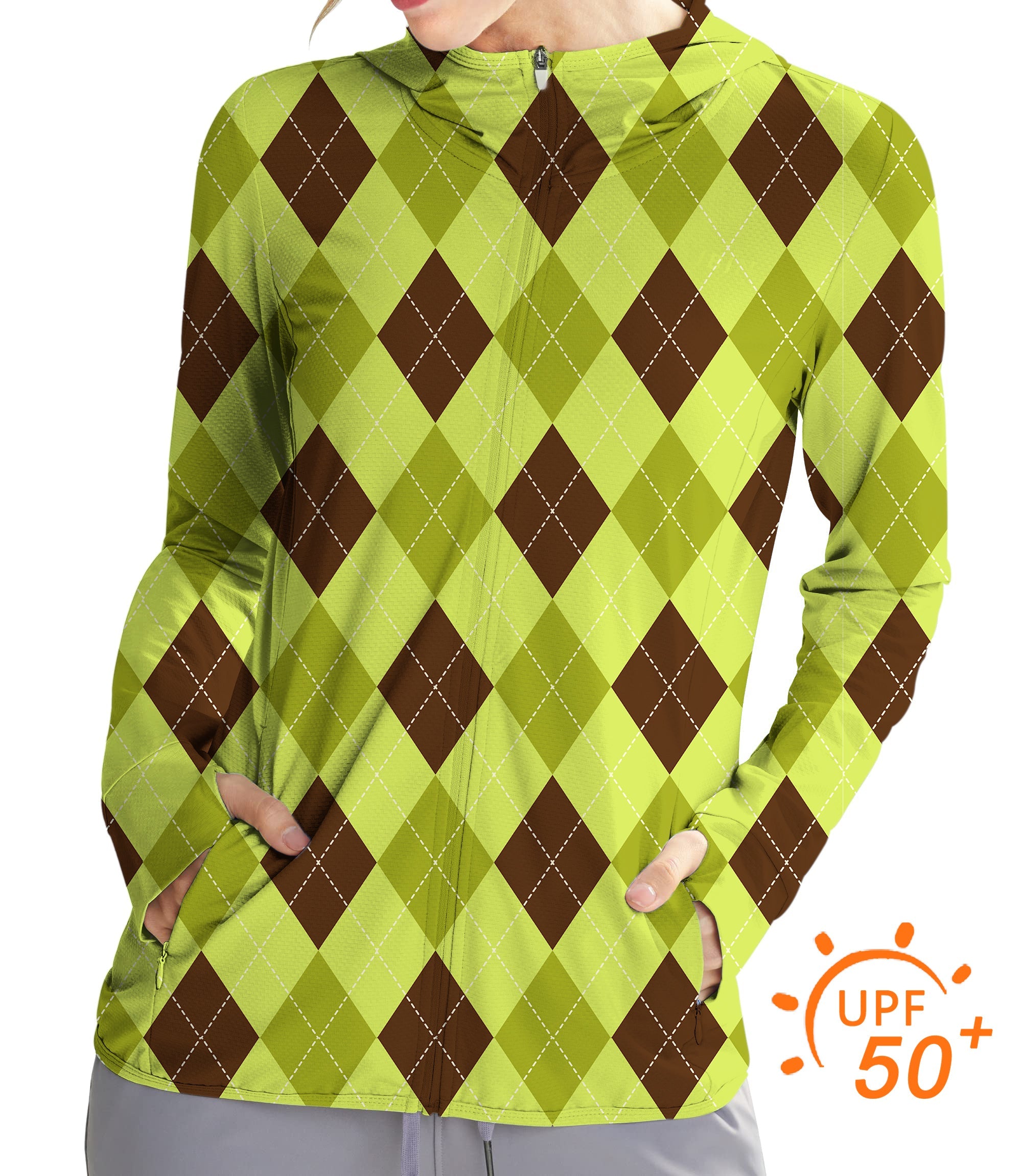 Women's outdoor argyle zip hoodie for sun protection with UPF 50+ and slim fit design