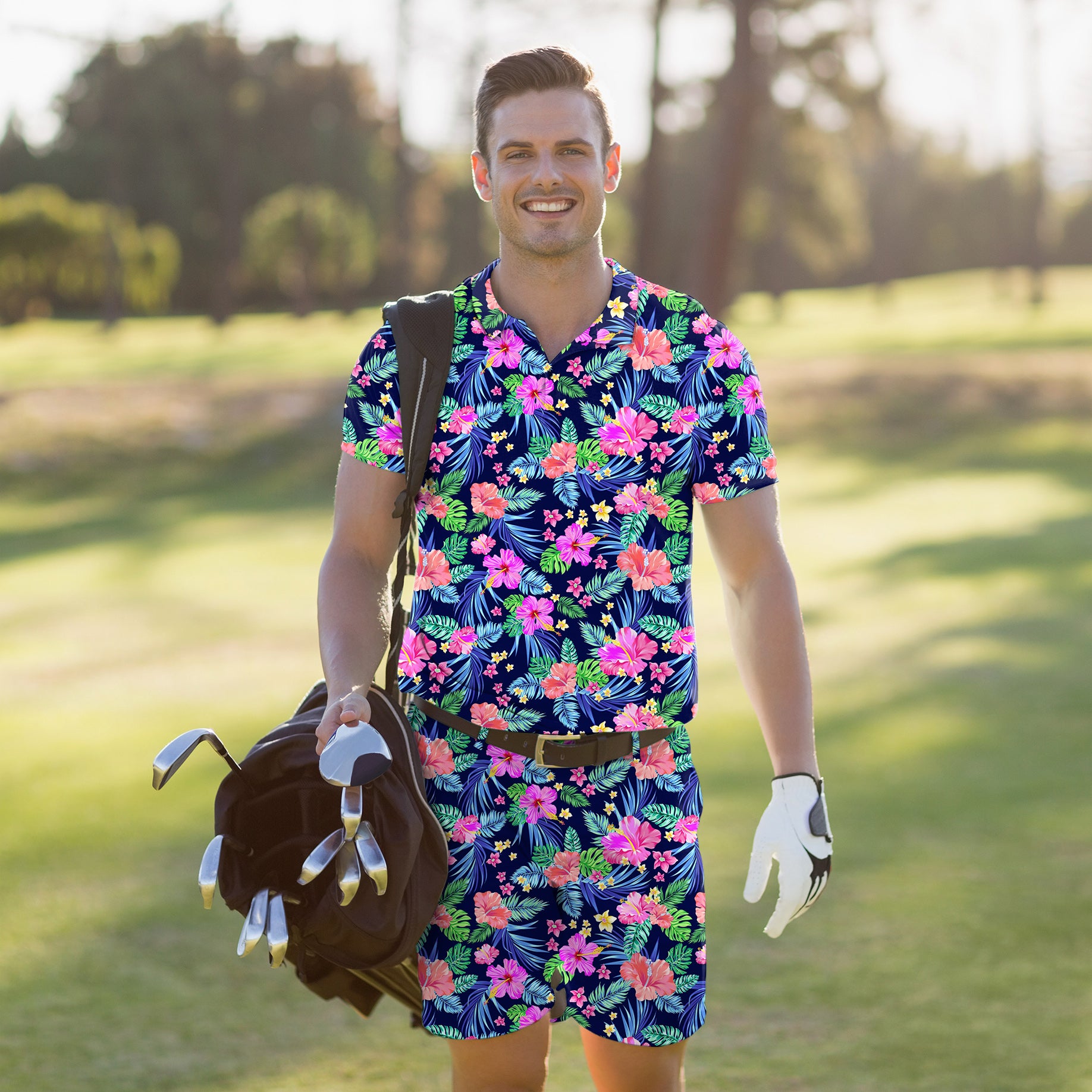Men's Golf Set Polo+Shorts Tropical flowers