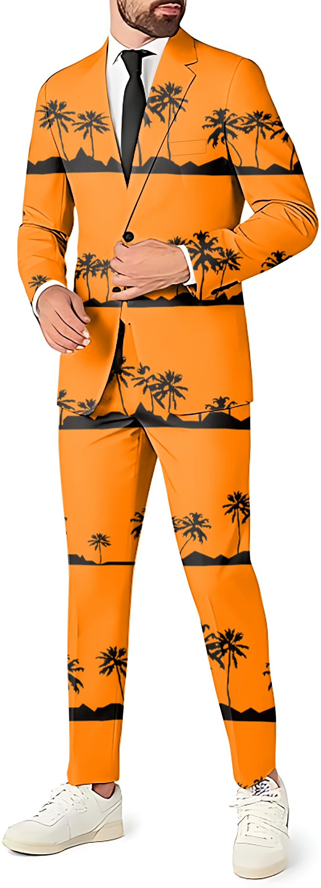Men's party costume orange blazer and pants with setting sun and coconut tree print