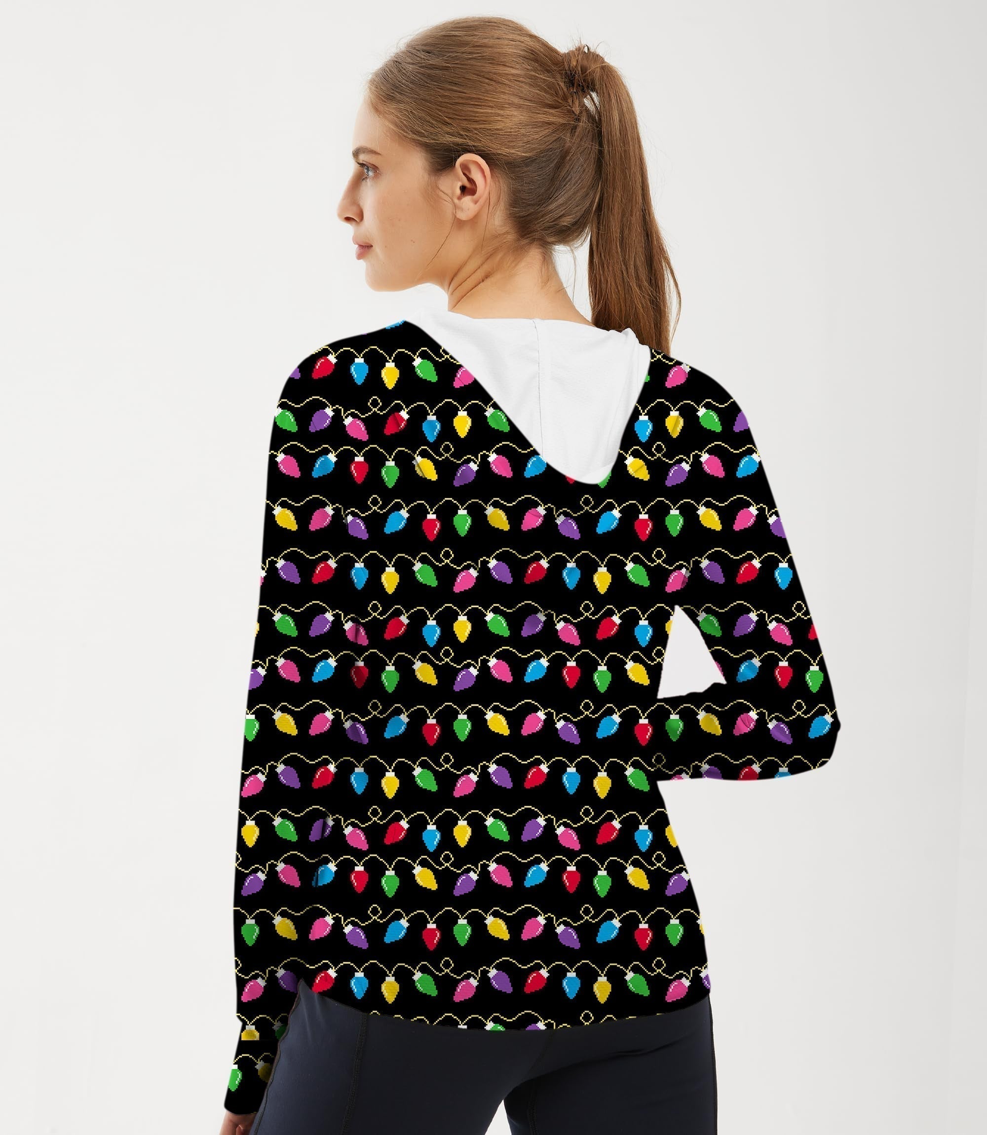 Women's slim fit zip hoodie with colorful outdoor Christmas lights pattern and sun protection for golf and other activities