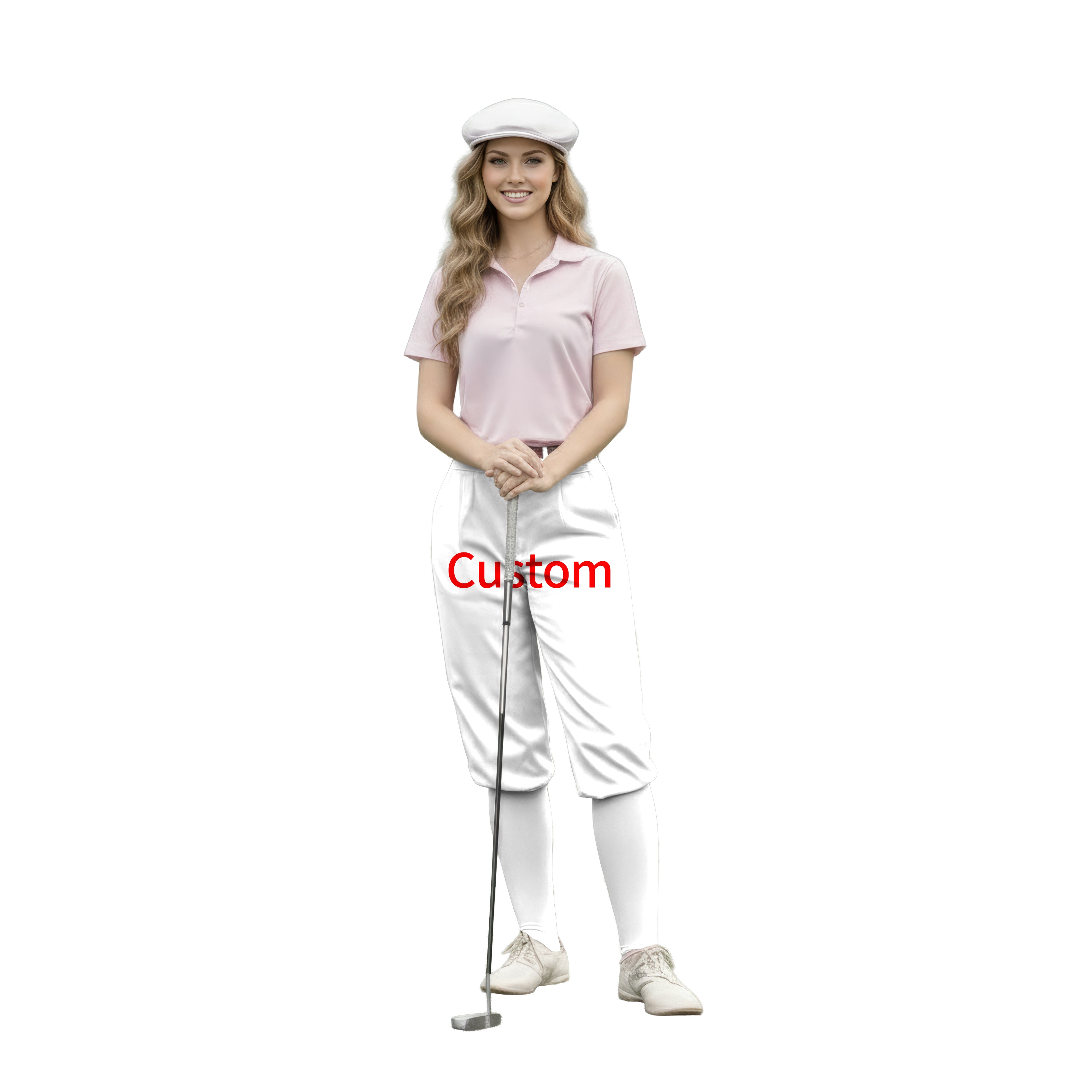 Woman wearing custom own logo white golf knickers pants with pink polo shirt and golf cap holding golf club