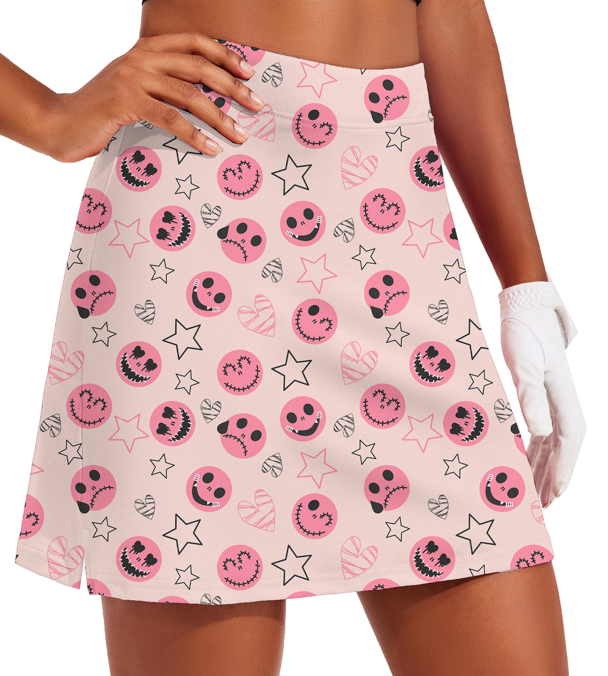 Women's -Halloween pink smiley face Golf Skirts Inner Shorts Pocket