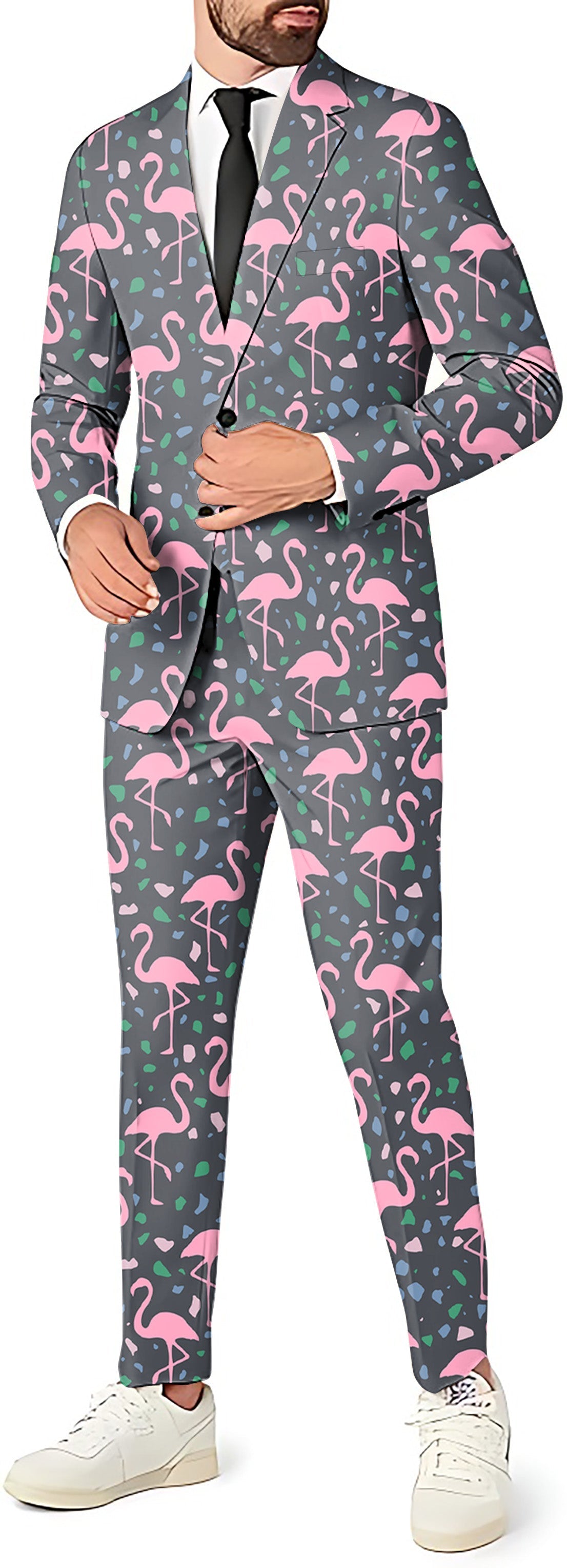 Terrazzo Flamingo men's party suit set with blazer, pants, and vest featuring pink flamingo pattern on gray background
