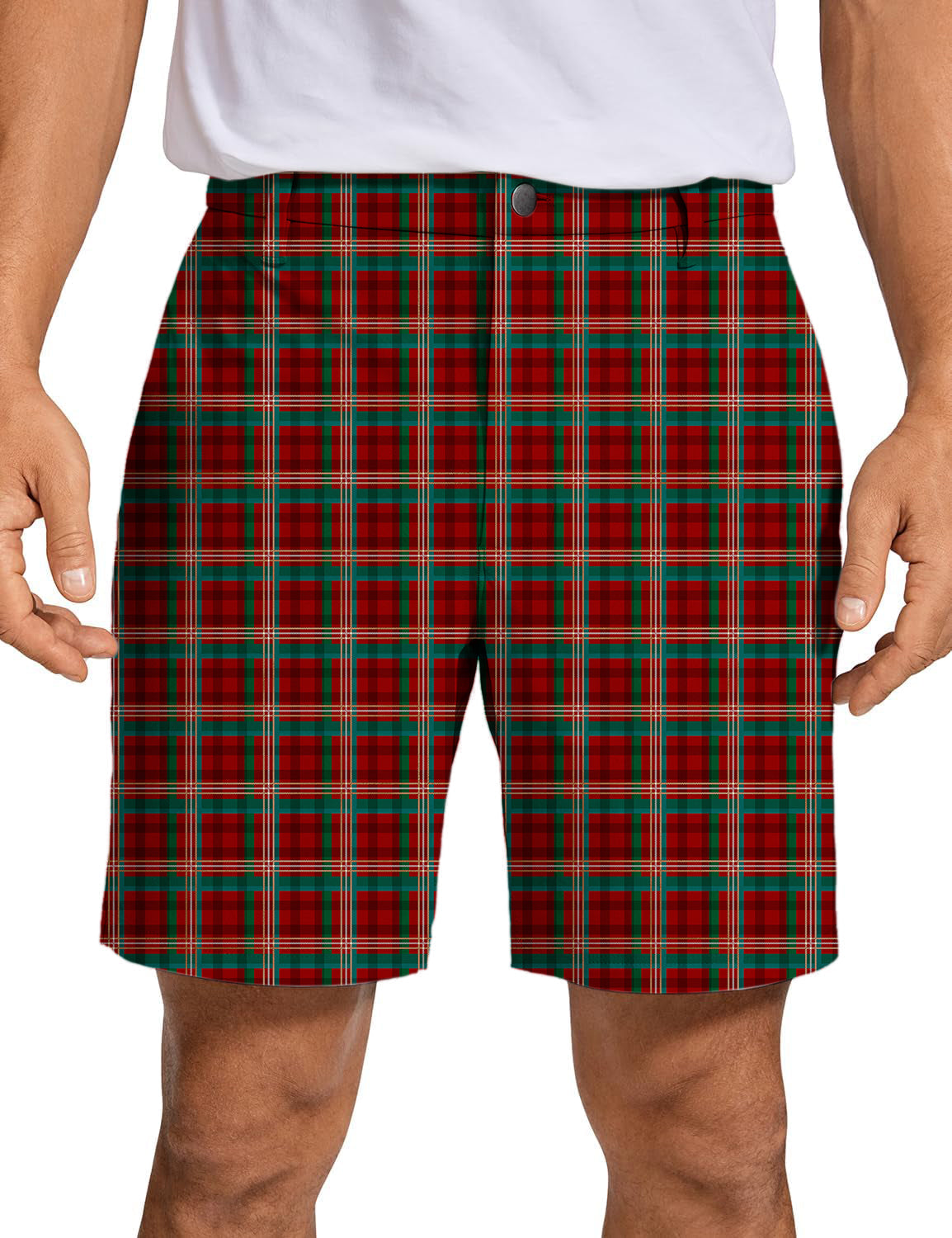 Men's Christmas plaid golf shorts in red and green with quick-dry, stretch fabric