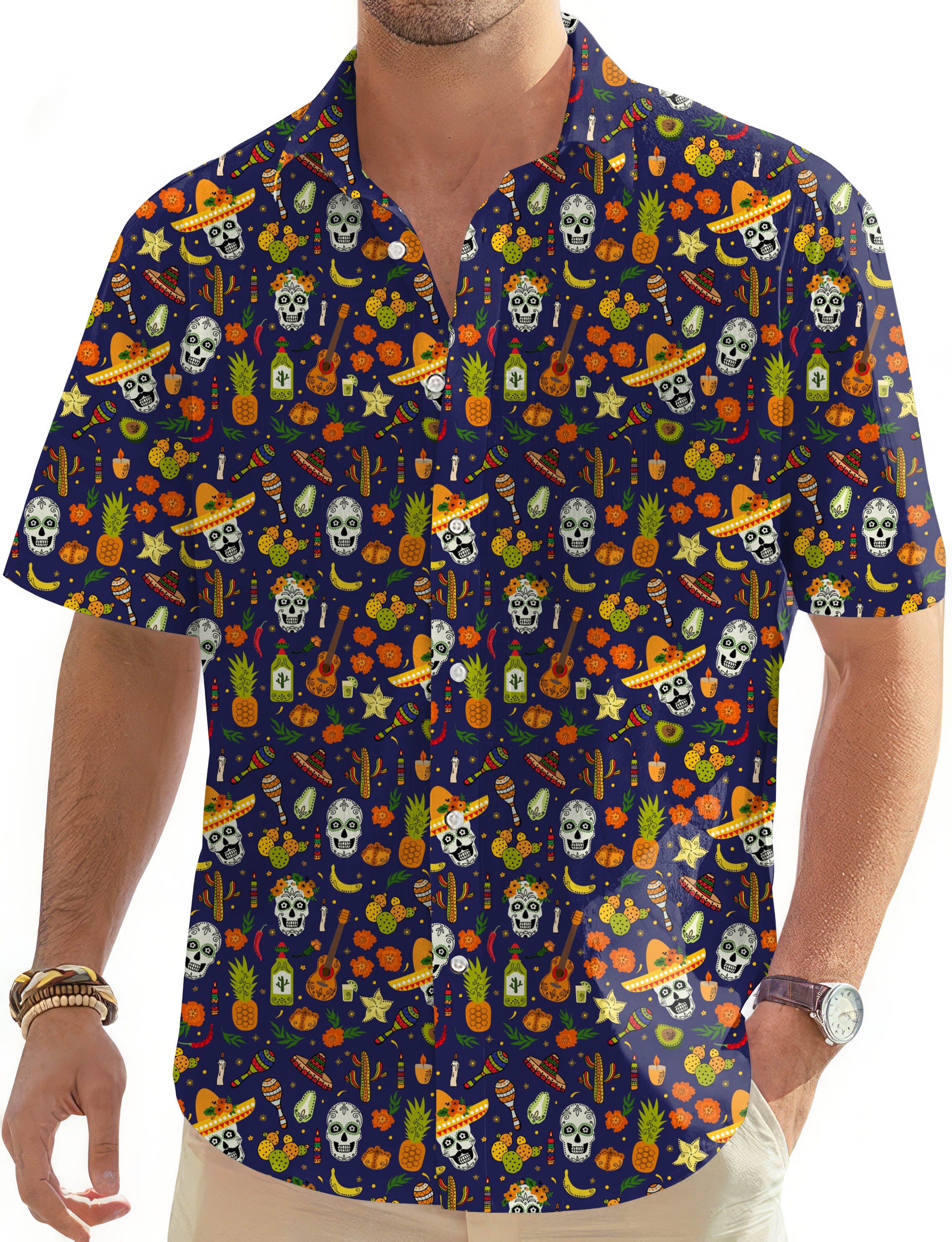 Enthusiastic Skull-Men's short sleeve Hawaiian shirt with button-down collar and vibrant skull print design