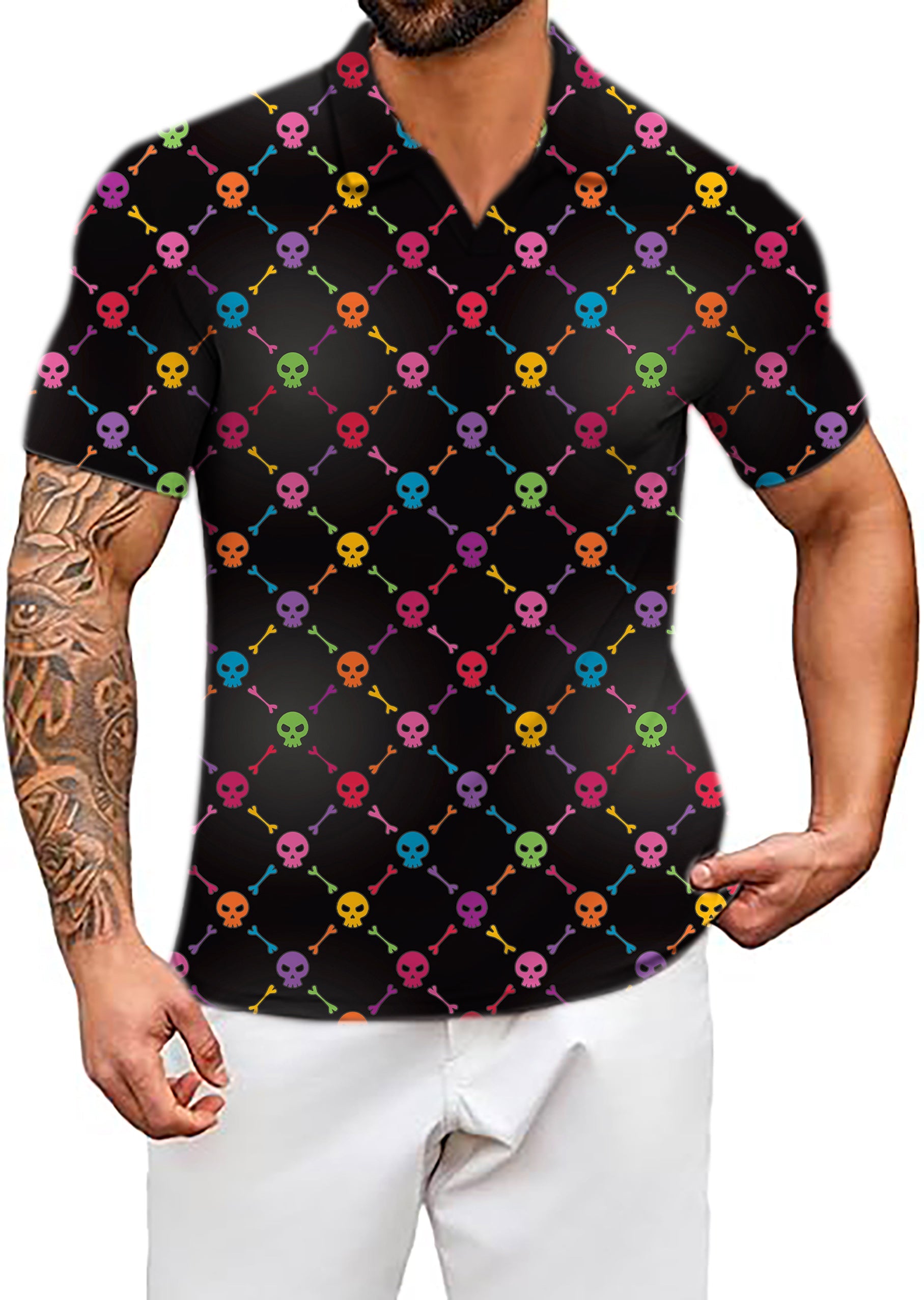 Men's Coconut Palm Halloween skull bones V-neck golf polo shirt with colorful pattern