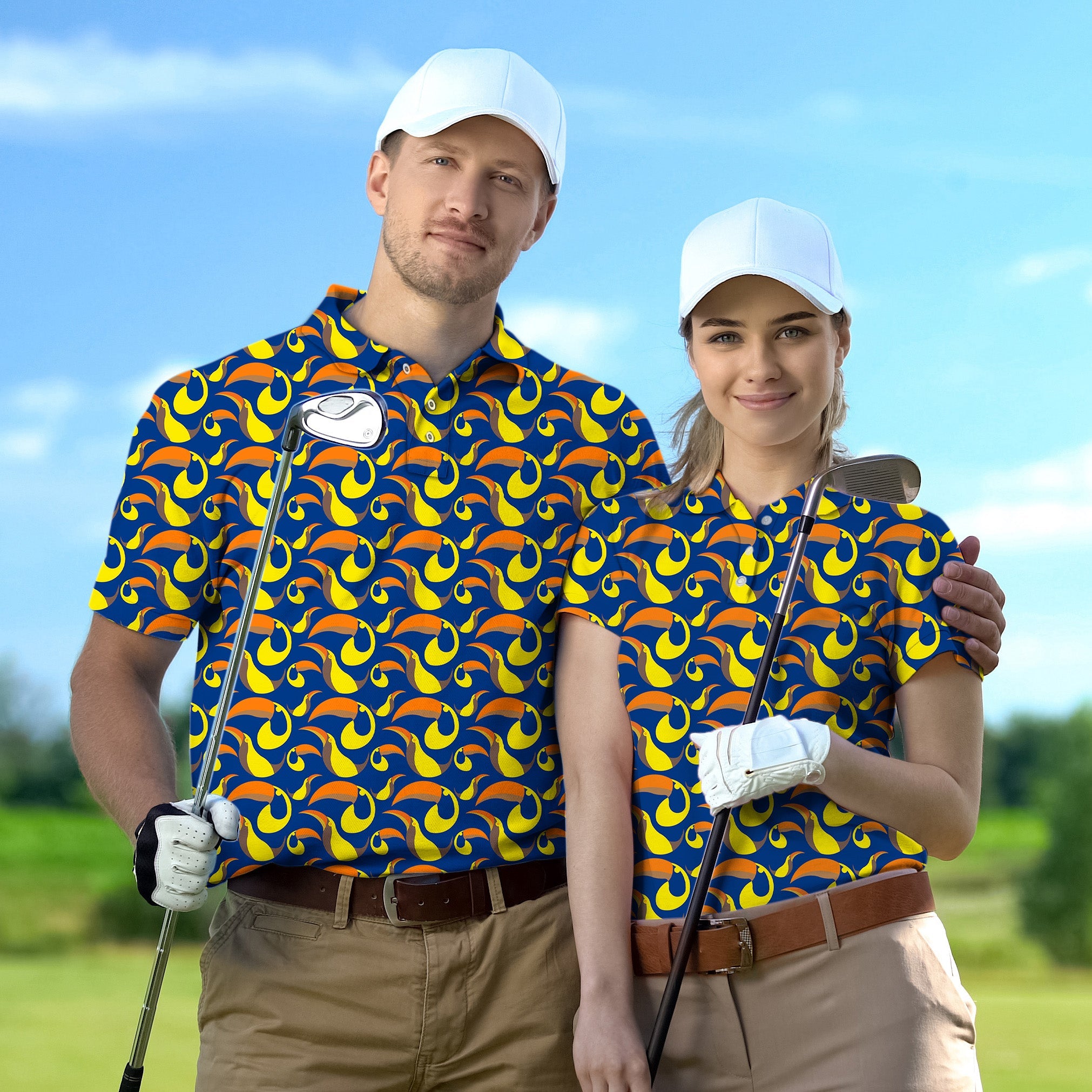 Couple toucan set golf polo shirts with vibrant bird print for men and women on golf course