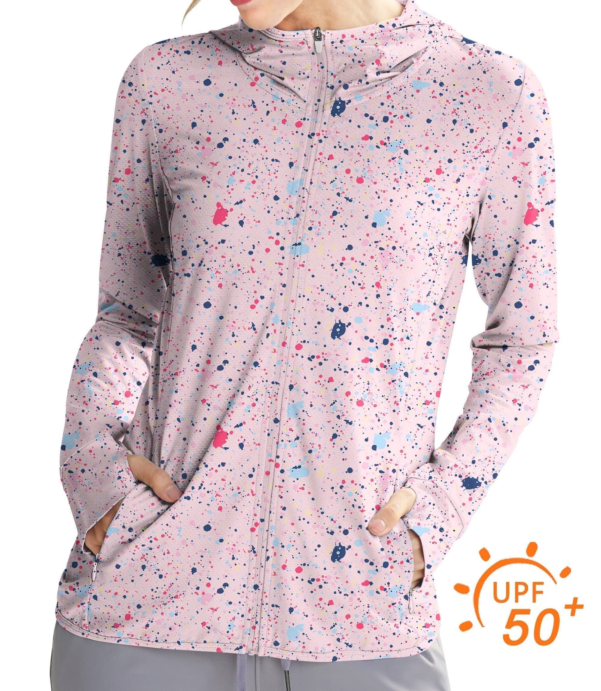 Women's outdoor slim fit golf hoodie with black and pink ink dots, UPF 50+ sun protection, breathable quick-dry fabric.