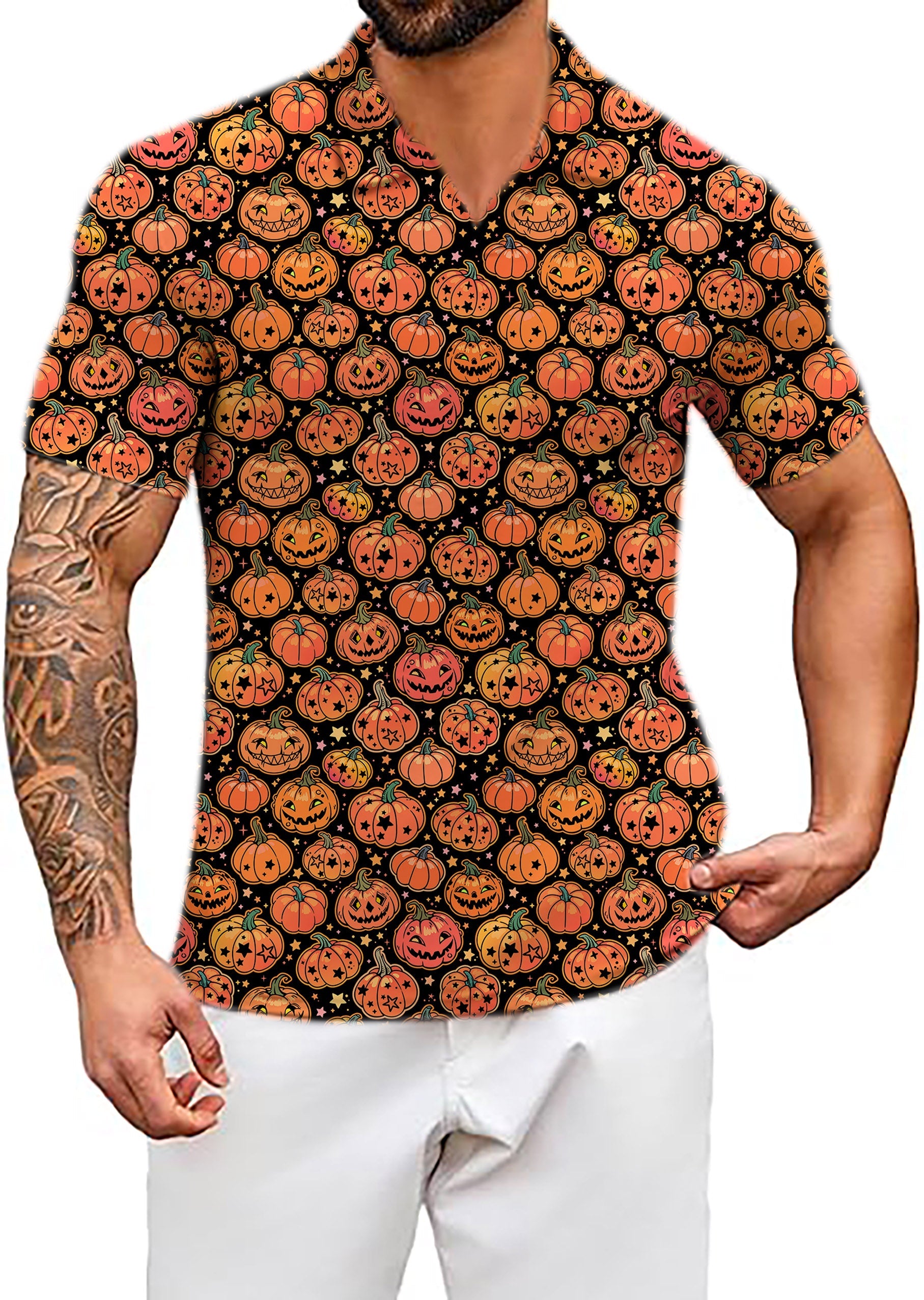Men's Coconut Palm Halloween pumpkin and bones V neck golf polo shirt with moisture-wicking fabric and UPF 40+ protection