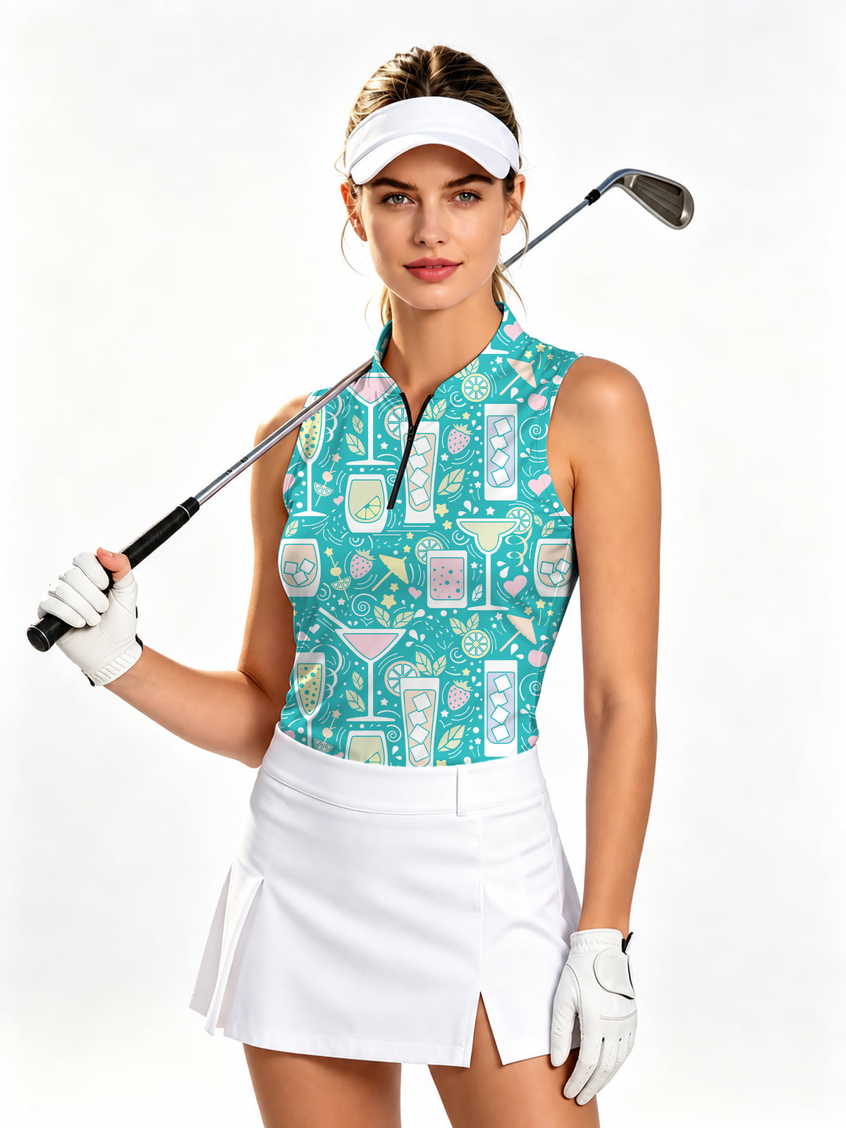 Cocktails-Hello-Summer Women's Quarter Zip Mock Neck Sleeveless Golf Athletic Blouse
