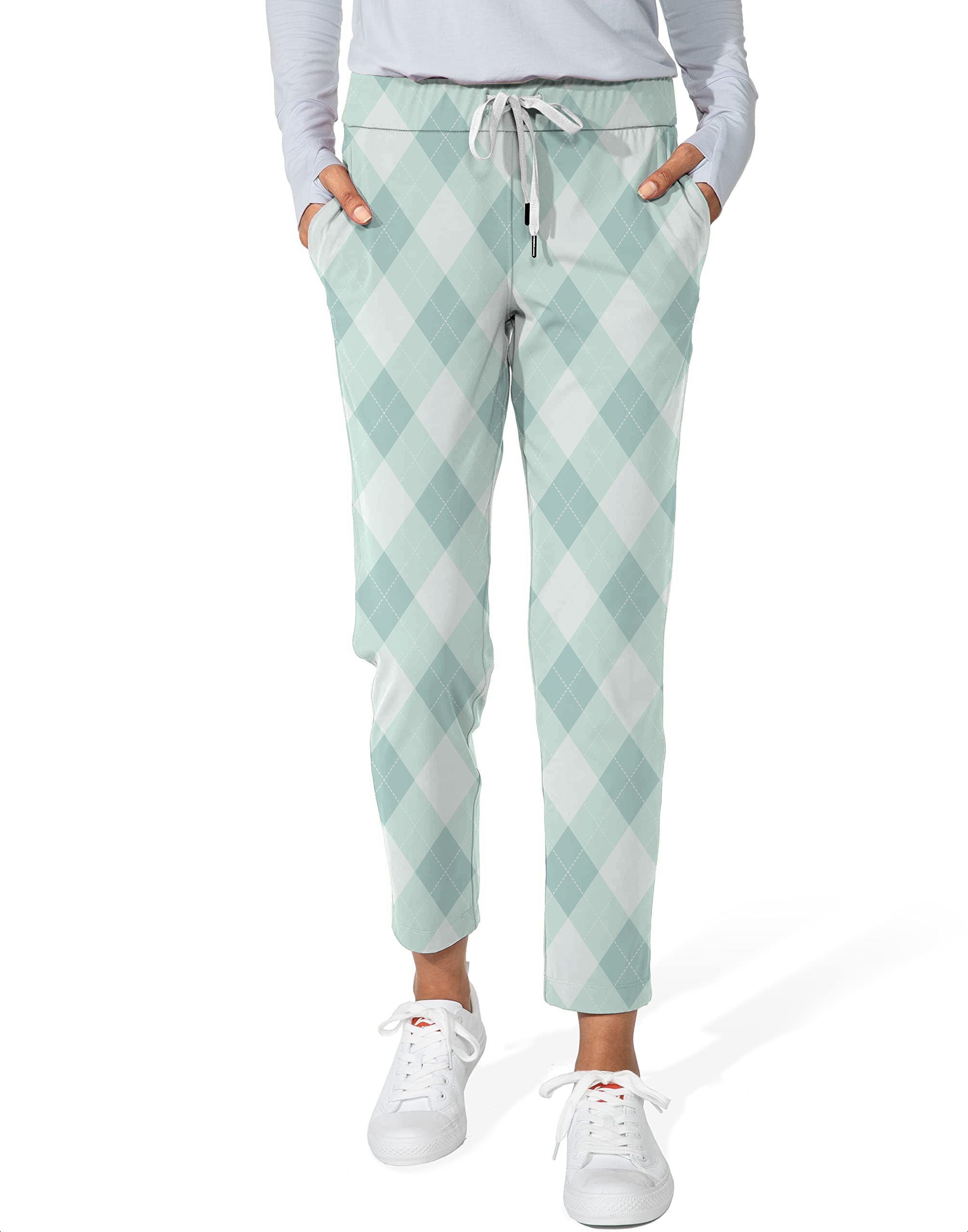 Women’s 7/8 stretch ankle golf pants with green argyle pattern and drawstring waist