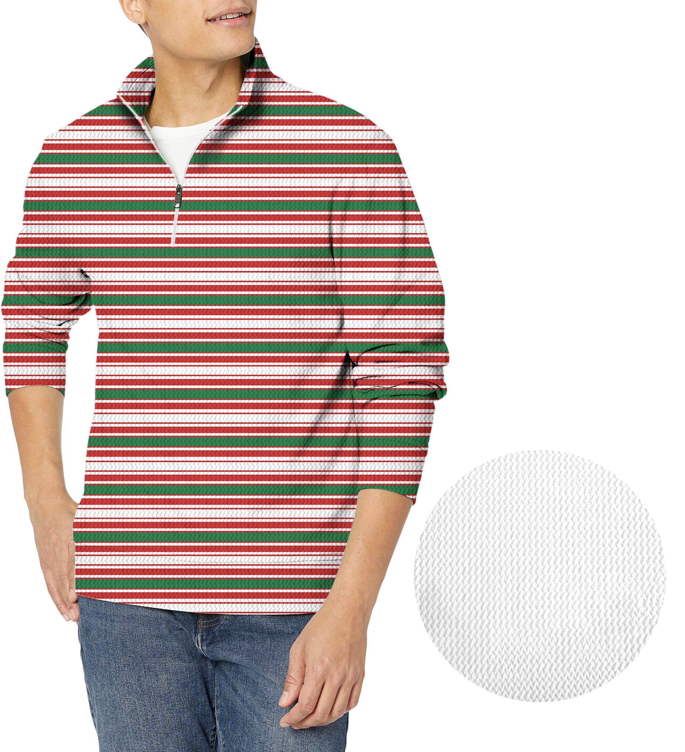 Striped Christmas men's golf waffle zipper pullover in red, green, and white festive colors