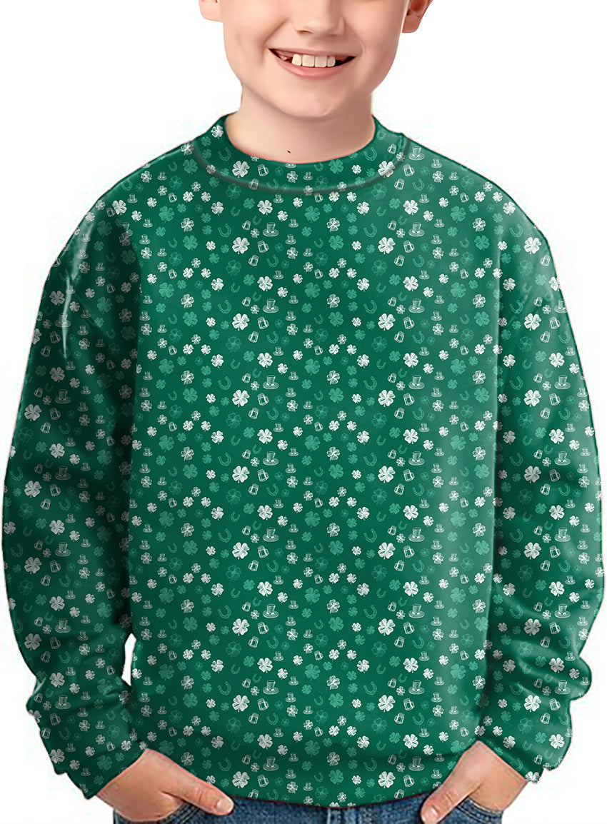 Kids green St. Patrick's Day crewneck pullover with clover leaf pattern ugly sweater