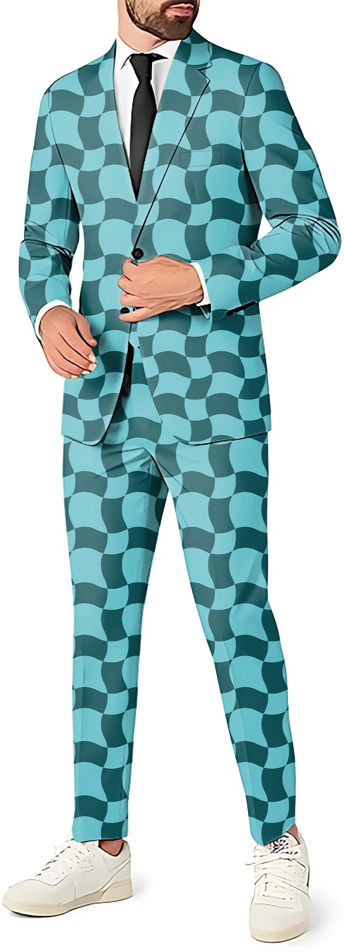 Wavy SquareTanjirou men's party costume blazer and pants suit set with blue checkered pattern