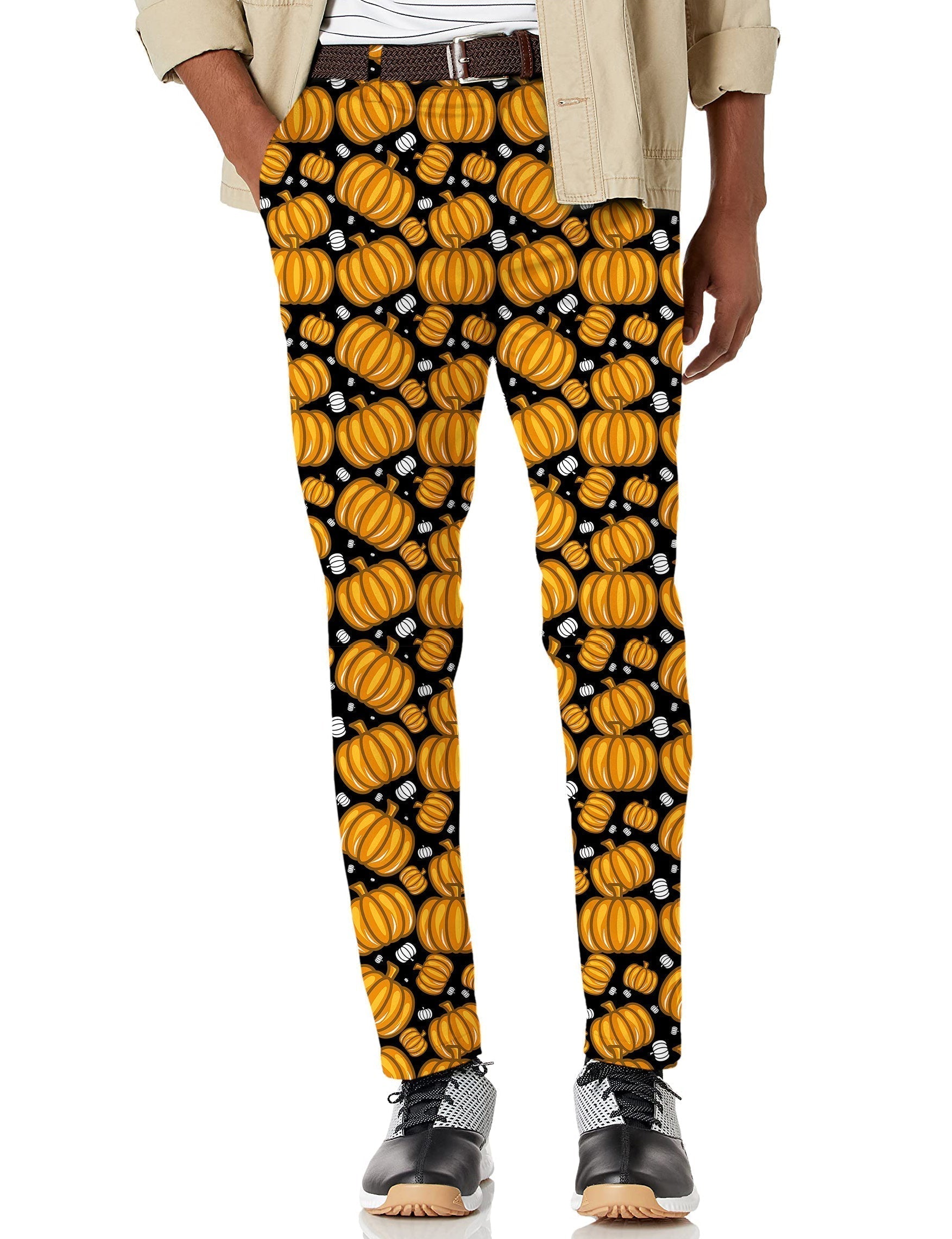 Men's Halloween pumpkin stretch golf pants with moisture-wicking fabric and pumpkin pattern