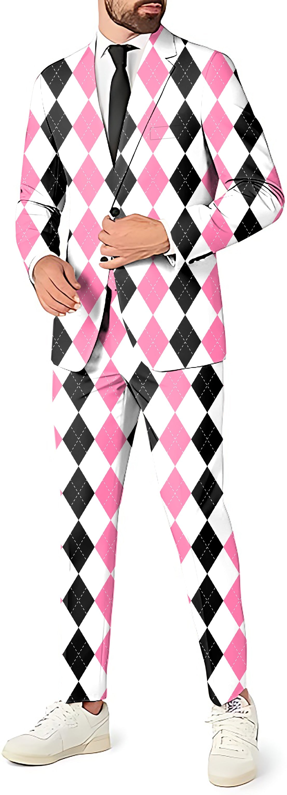 Men's Party Costumes pink black argyle blazer pants vest suit set