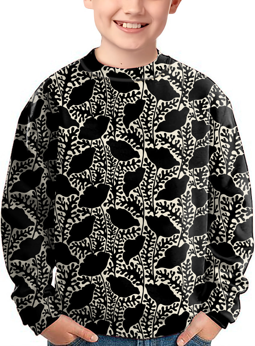 Kids monochrome bloom crewneck pullover with black and white floral pattern