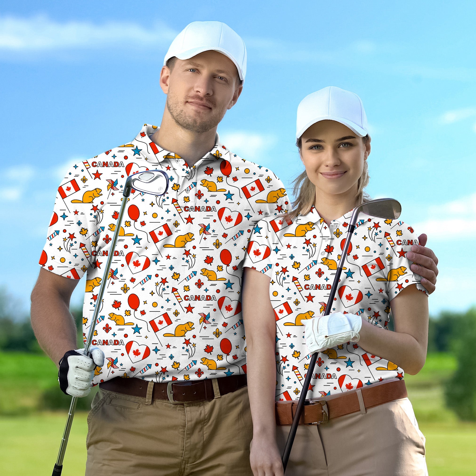 Couple wearing matching Canadian balloon squirrel golf shirts with flags and hearts on golf course