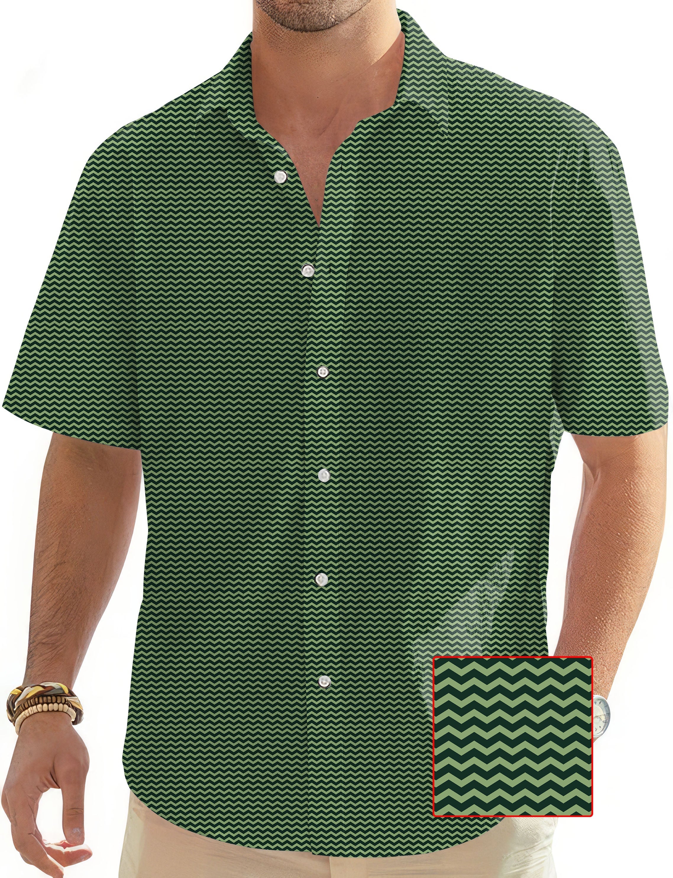 Green Waves men's short sleeve button-down golf Hawaiian shirt with wave pattern