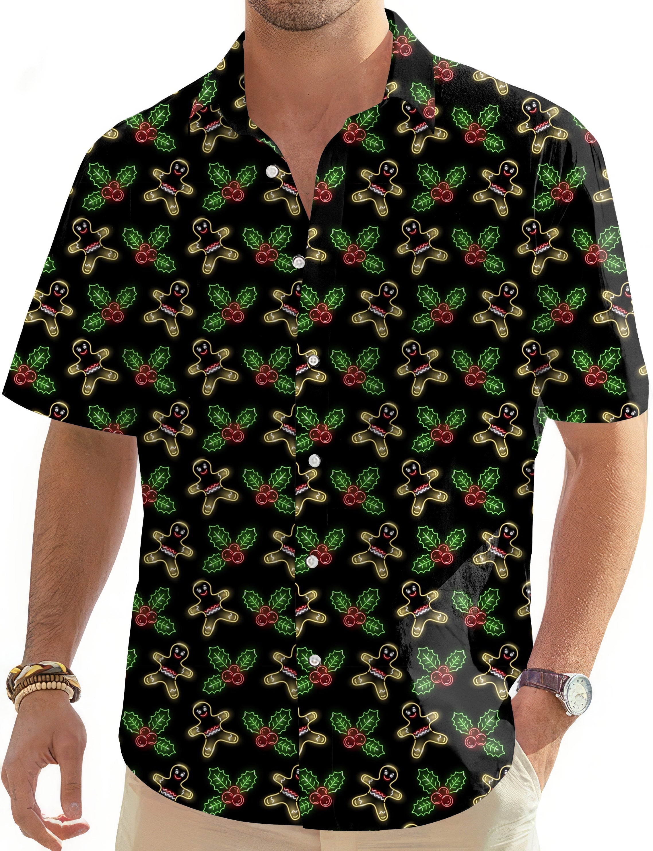 Men's neon gingerbread man Hawaiian golf shirt with button-down design and short sleeves