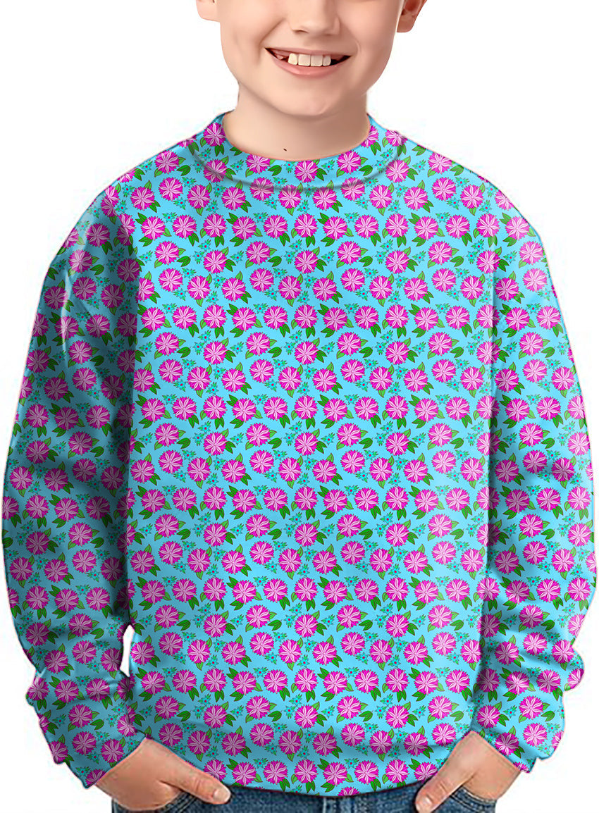 kids flower crewneck pullover with pink floral pattern on blue background