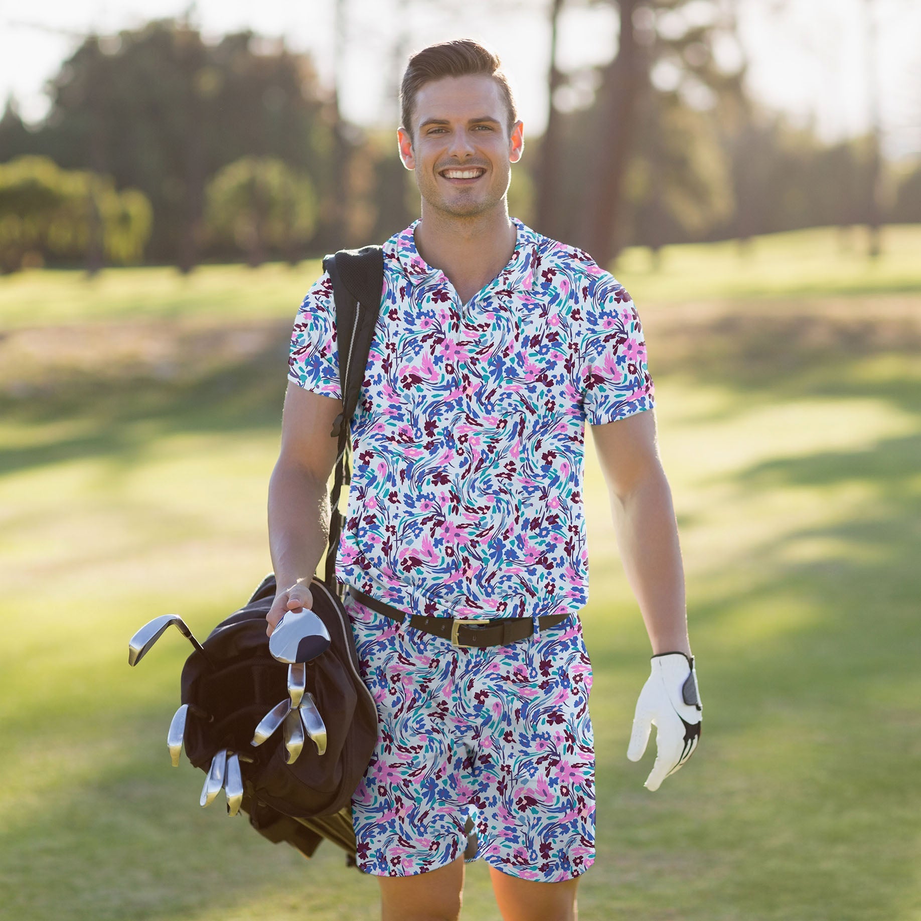 Men's golf set with summer floral polo and matching shorts, moisture-wicking, UPF 40+ protection, wrinkle resistant, four-way stretch for comfort.
