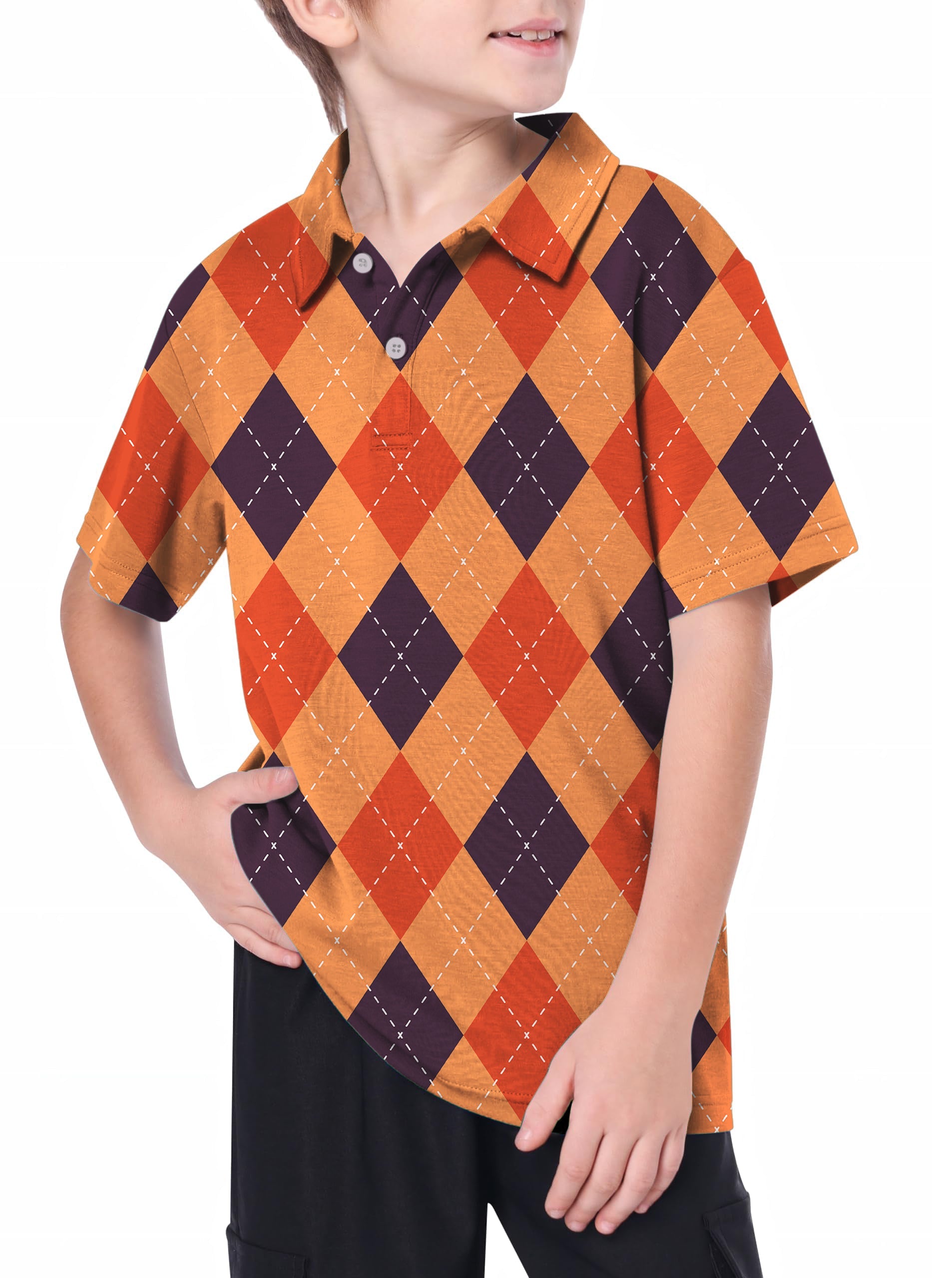 Youth Halloween black red orange argyle golf polo shirt with 4-way stretch and moisture-wicking fabric