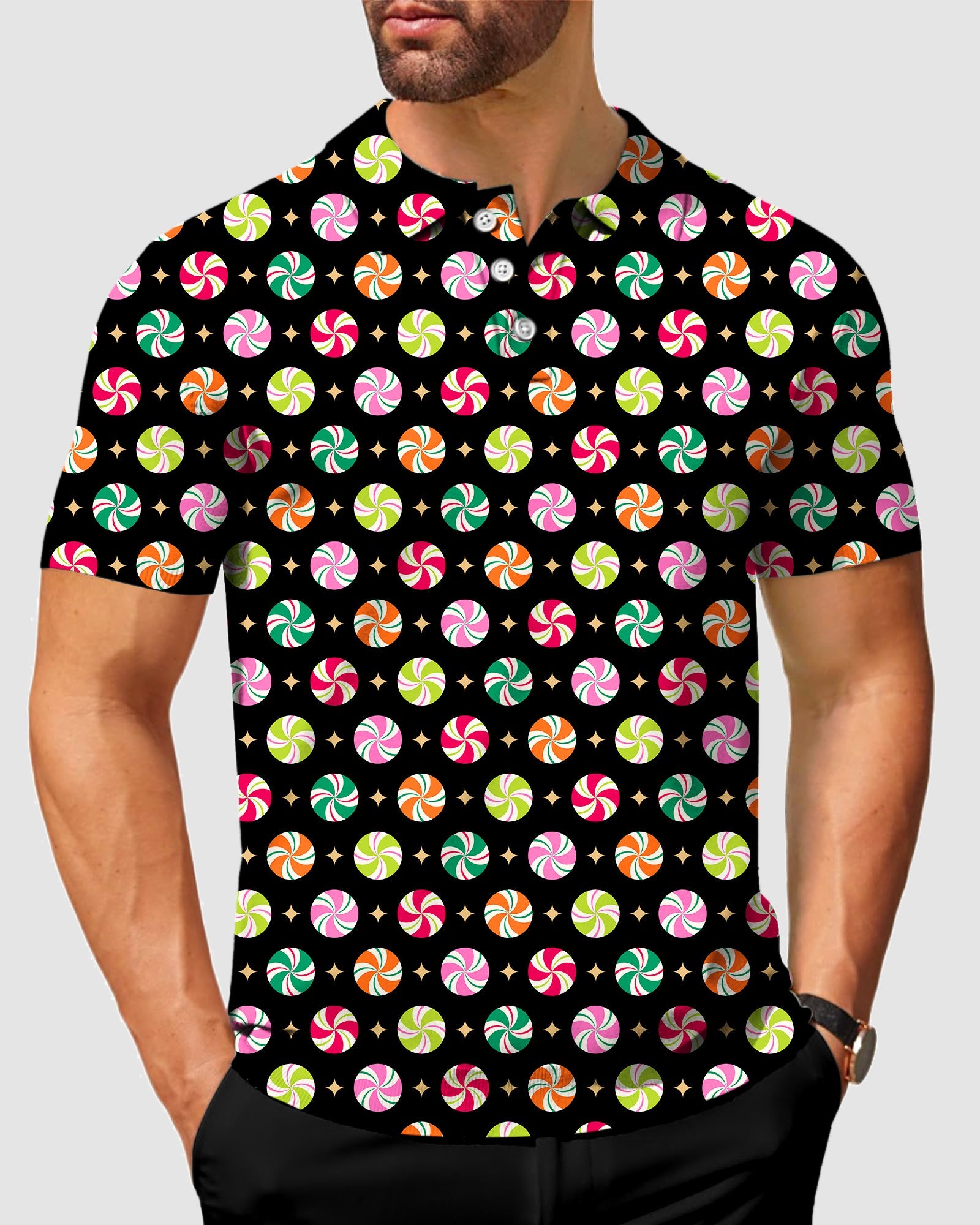 Men's Christmas Candy Polo shirt with colorful peppermint candy pattern, four-way stretch, moisture-wicking fabric, wrinkle-resistant, UPF 40+, and classic fit.