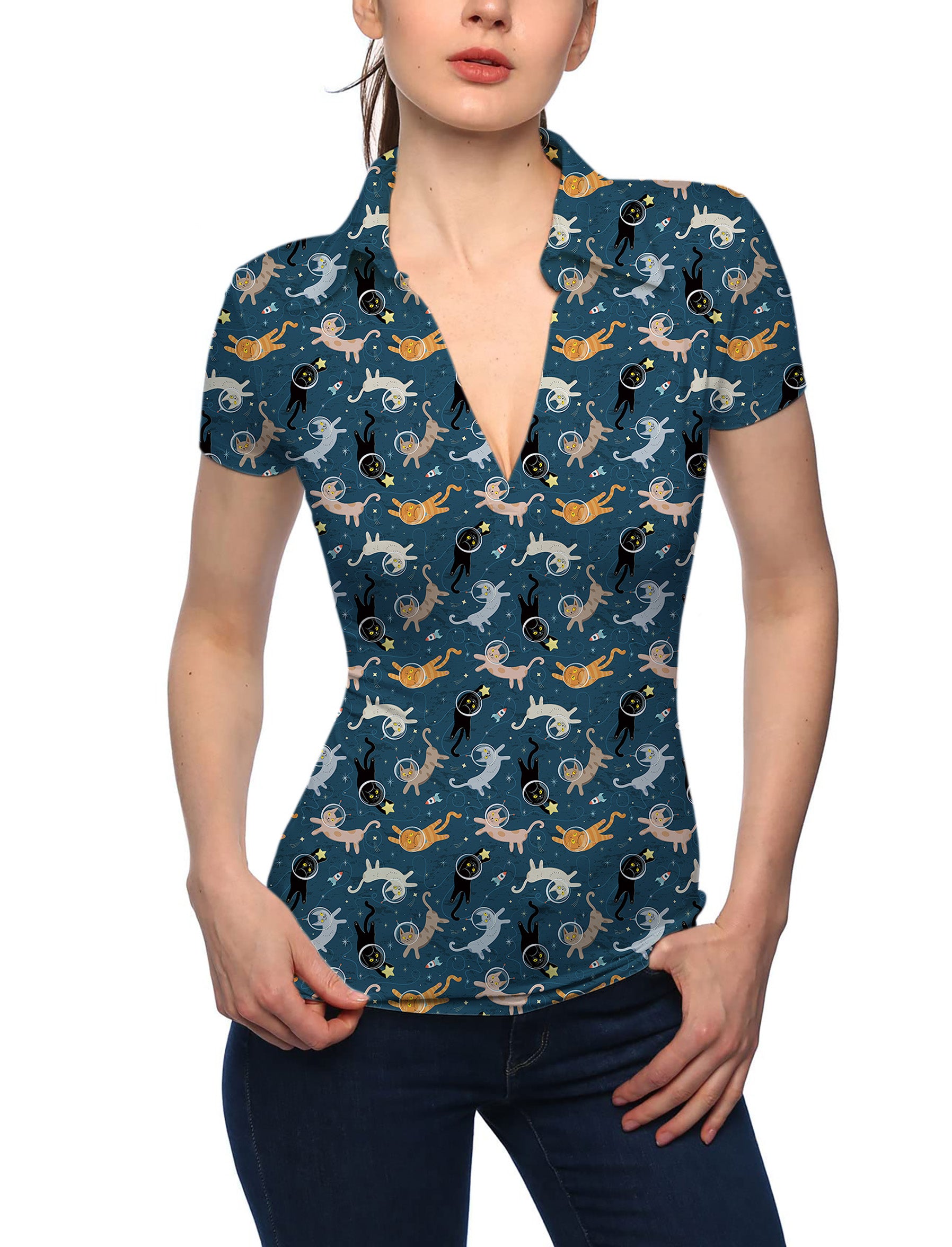 Women's Space Cats V Neck Golf Polo