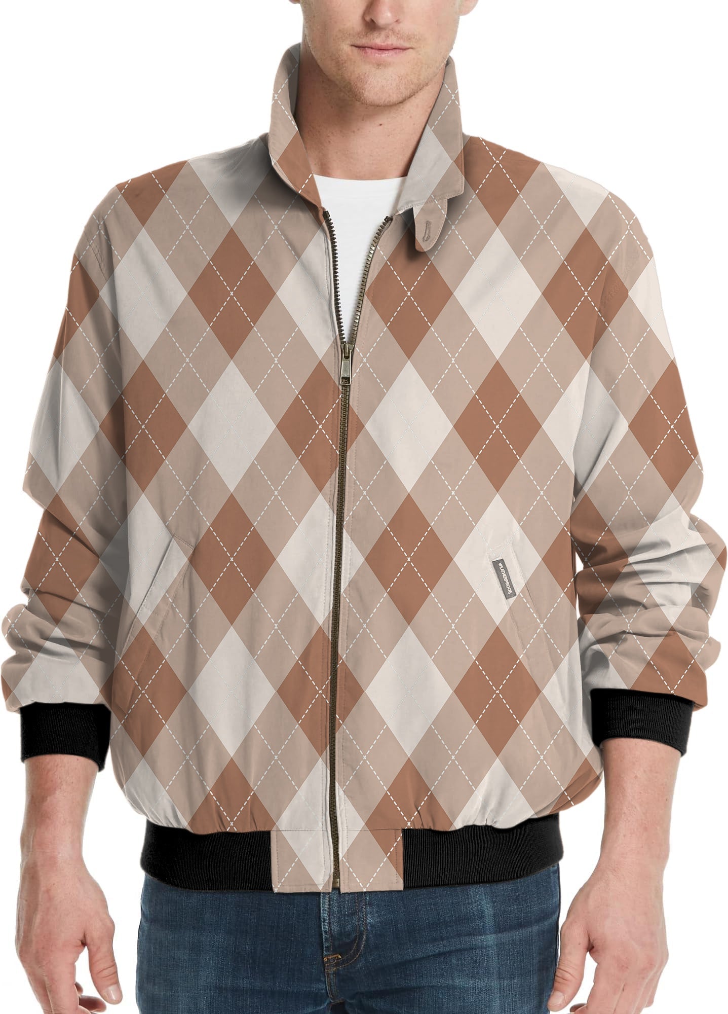 Men's brown Argyle golf windbreaker jacket with zipper and black cuffs