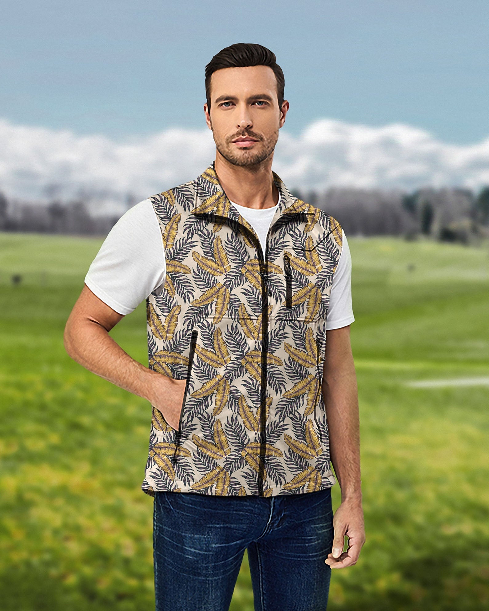 Men's Golden Tropics lightweight softshell vest sleeveless jacket for golf windproof waterproof with tropical leaf pattern