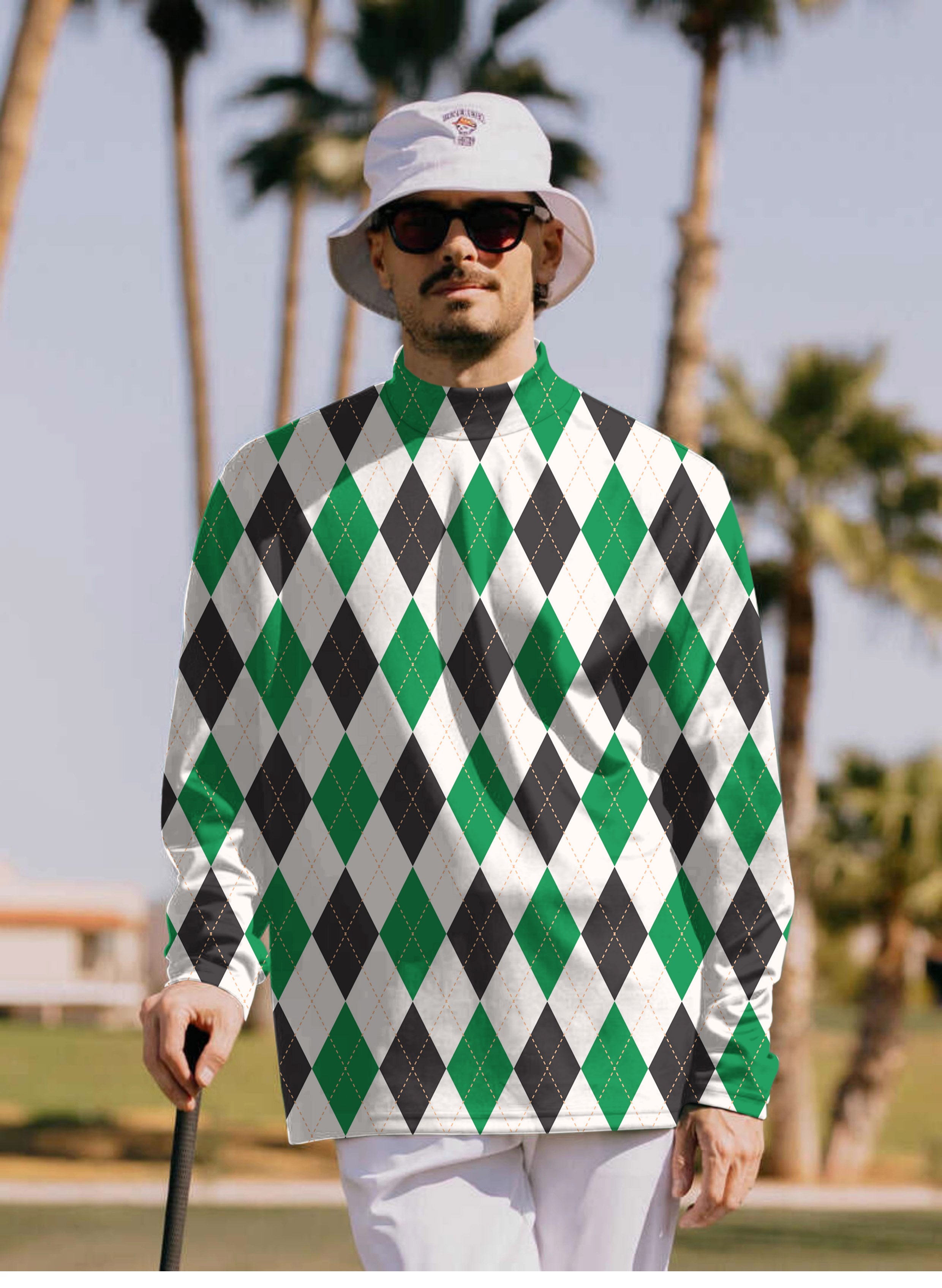 Men's Argyle grid Pullover High neck Long/Short sleeve T-Shirt