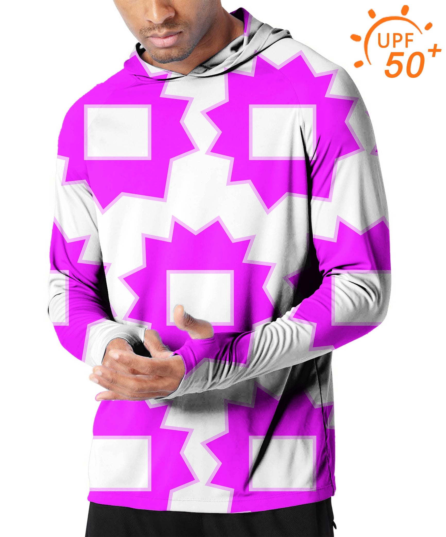 Men's Outdoor slim fit golf hoodie with UPF 50+ sun protection and geometric pink-white design