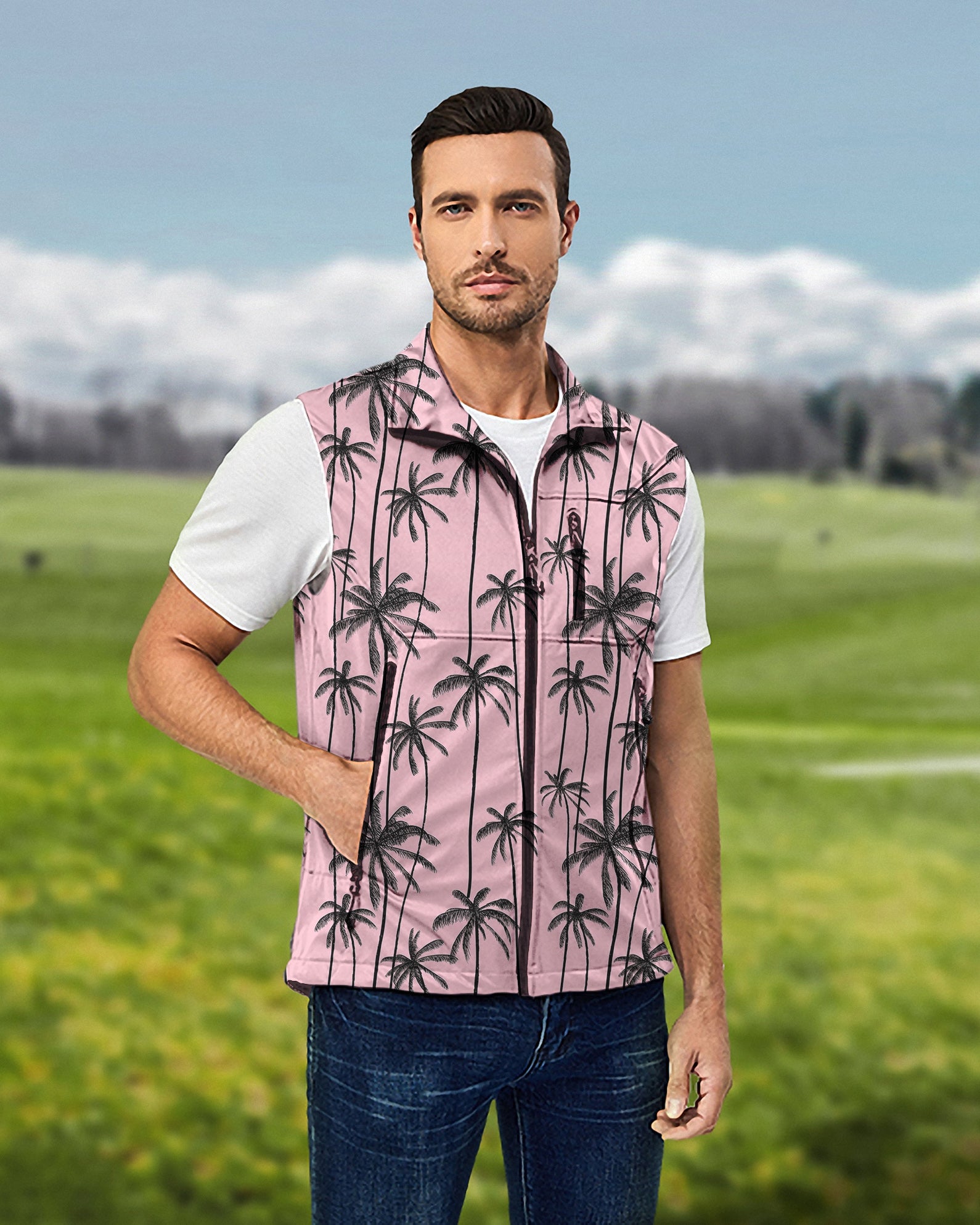 Men's Miami Palms Lightweight Softshell Vest Sleeveless Jacket for Golf Windproof Waterproof