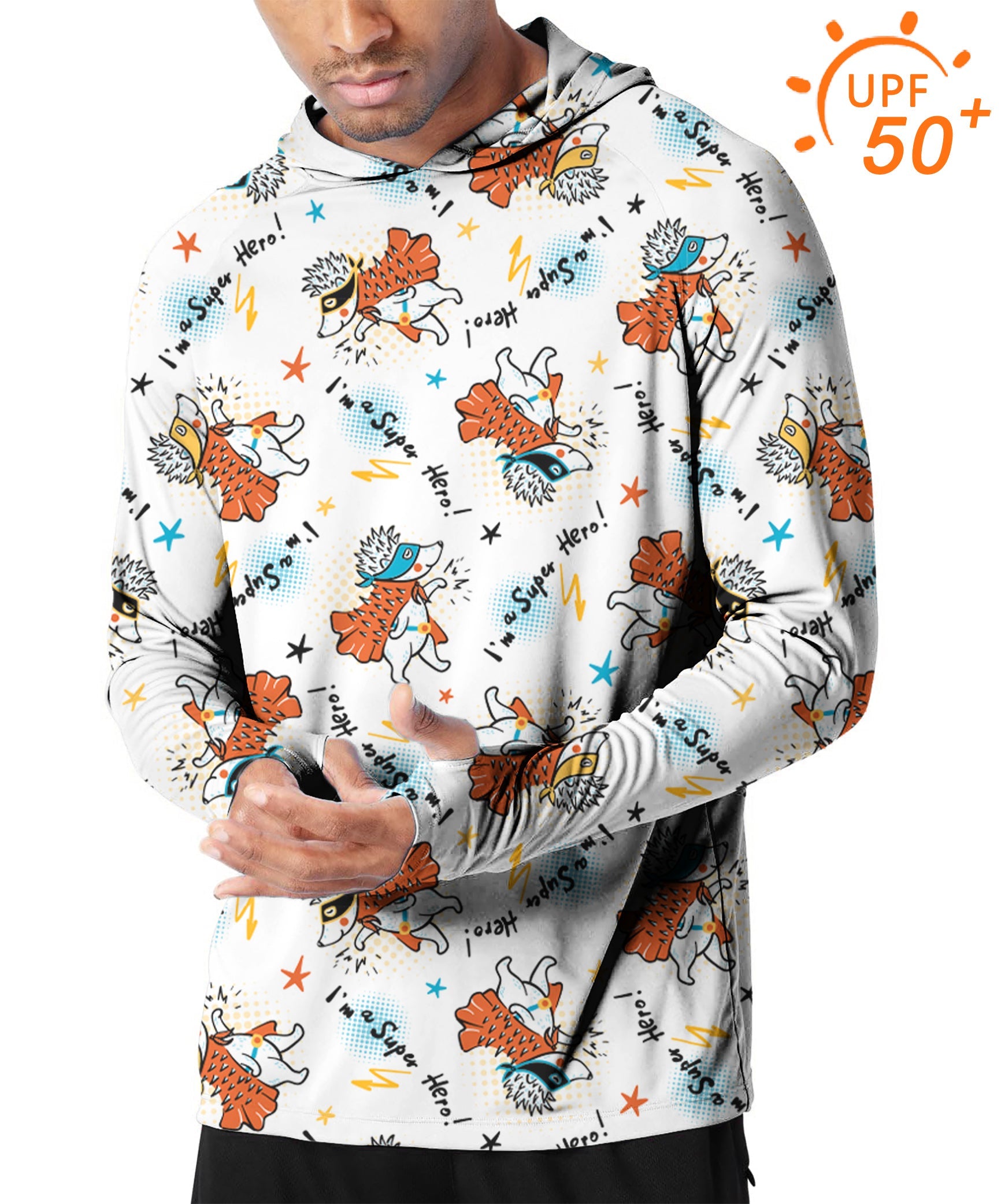Men's outdoor slim fit hooded golf shirt with UPF 50+ sun protection and unique hedgehog print