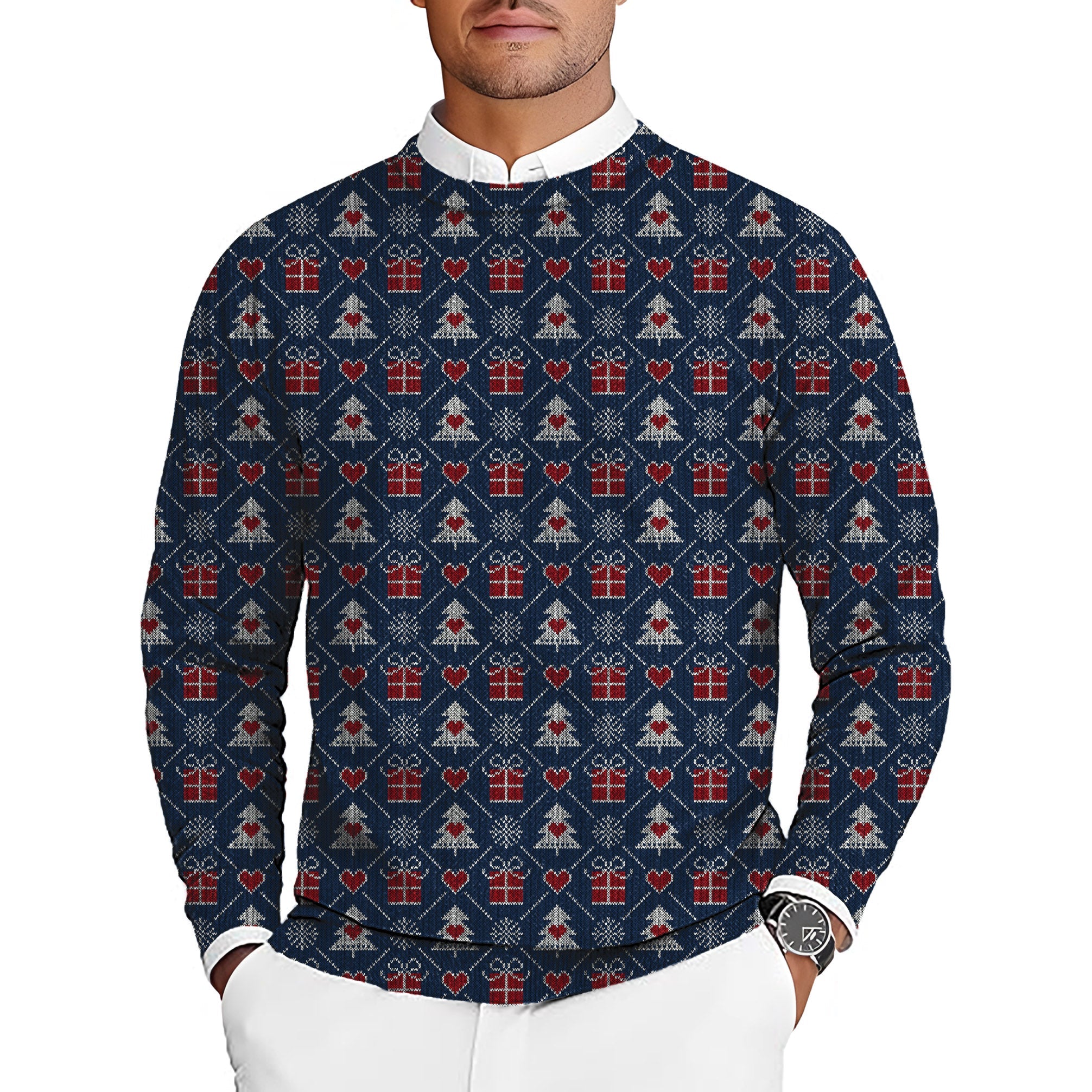 Men's Christmas golf crewneck pullover sweater with festive ugly sweater design, soft stretch fabric, long sleeves, and elastic ribbed cuffs