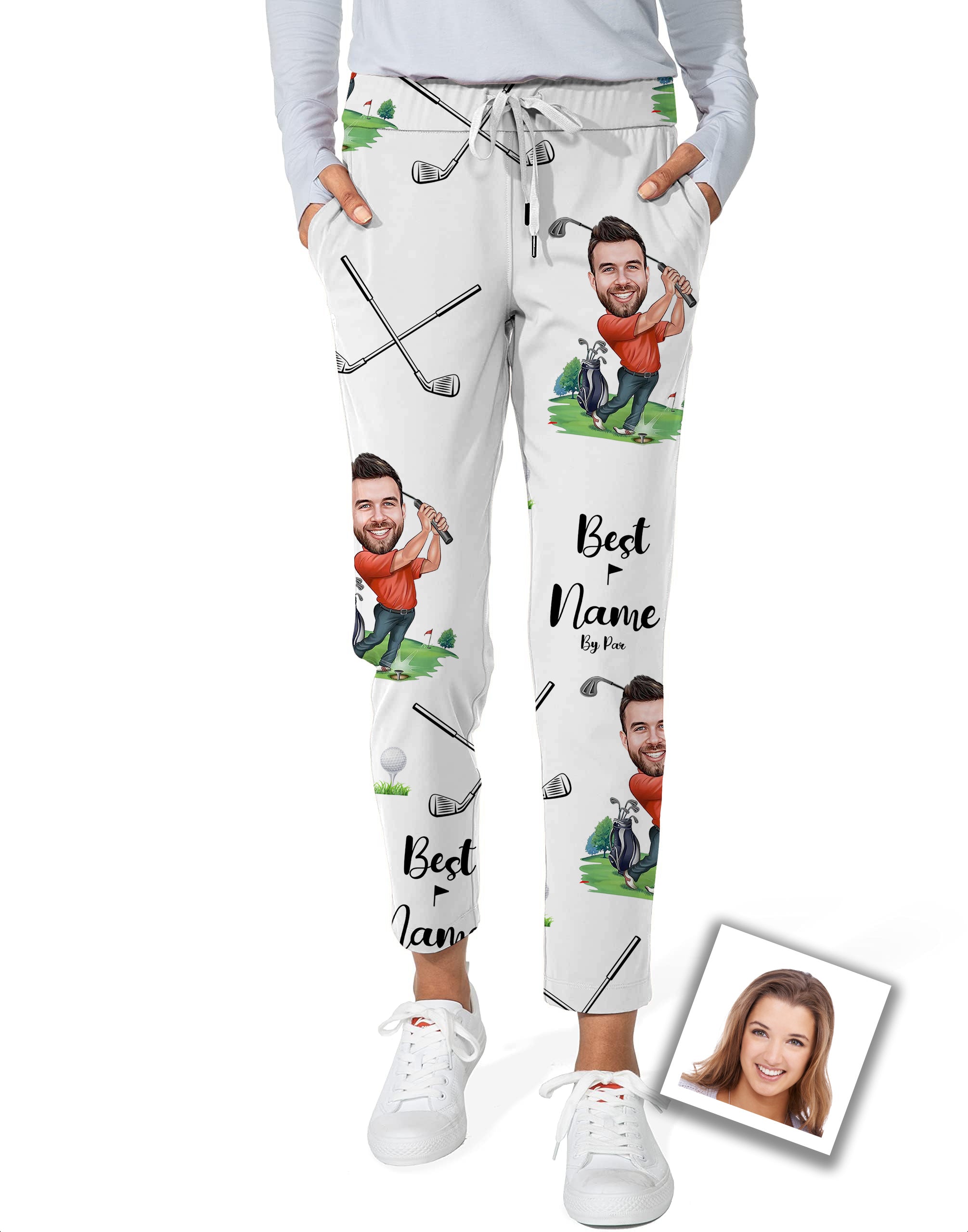 Women's 7/8 stretch ankle golf pants with custom photo face and name design
