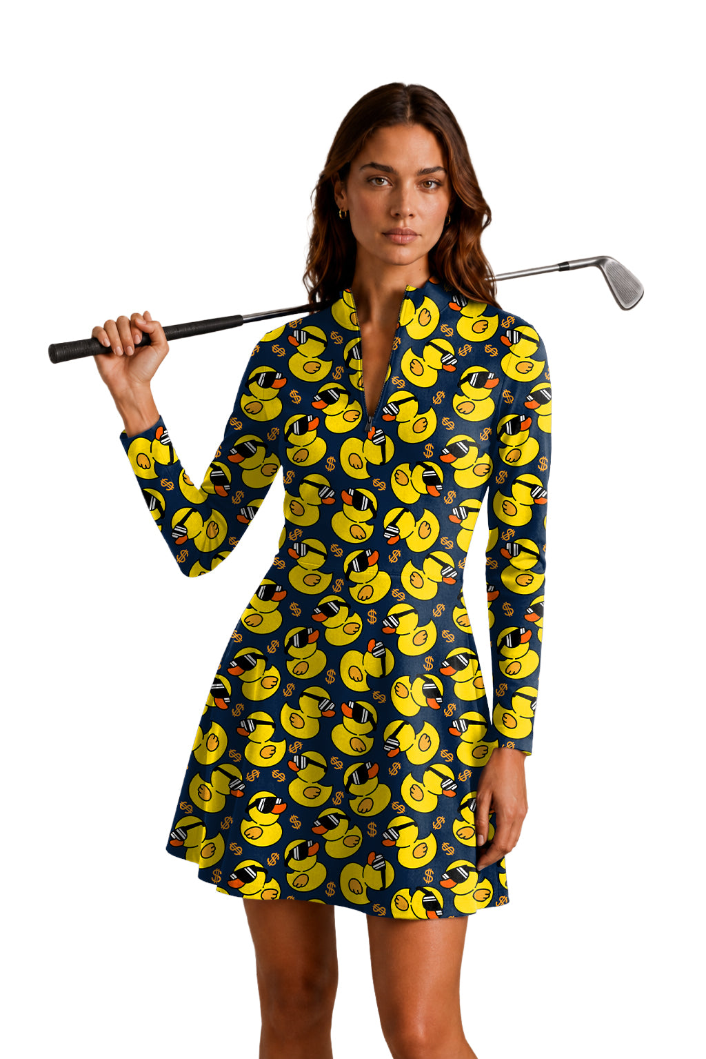 Yellow duck Women's Golf Long Sleeve Zipper Dresses Comes with separate matching shorts