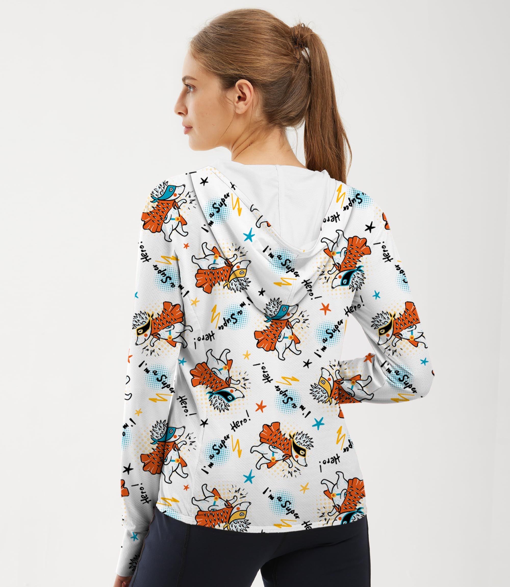 Women's outdoor zip hoodie with handsome hedgehog print, slim fit and sun protection clothing