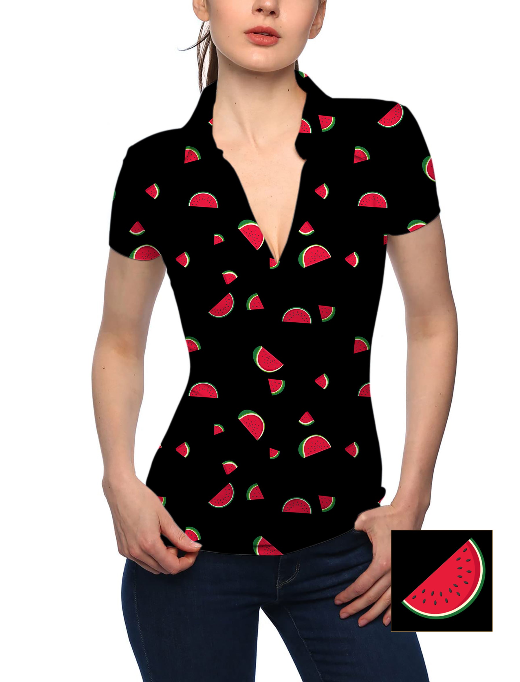 Women's Watermelon Custom The Background Color V Neck Golf Polo