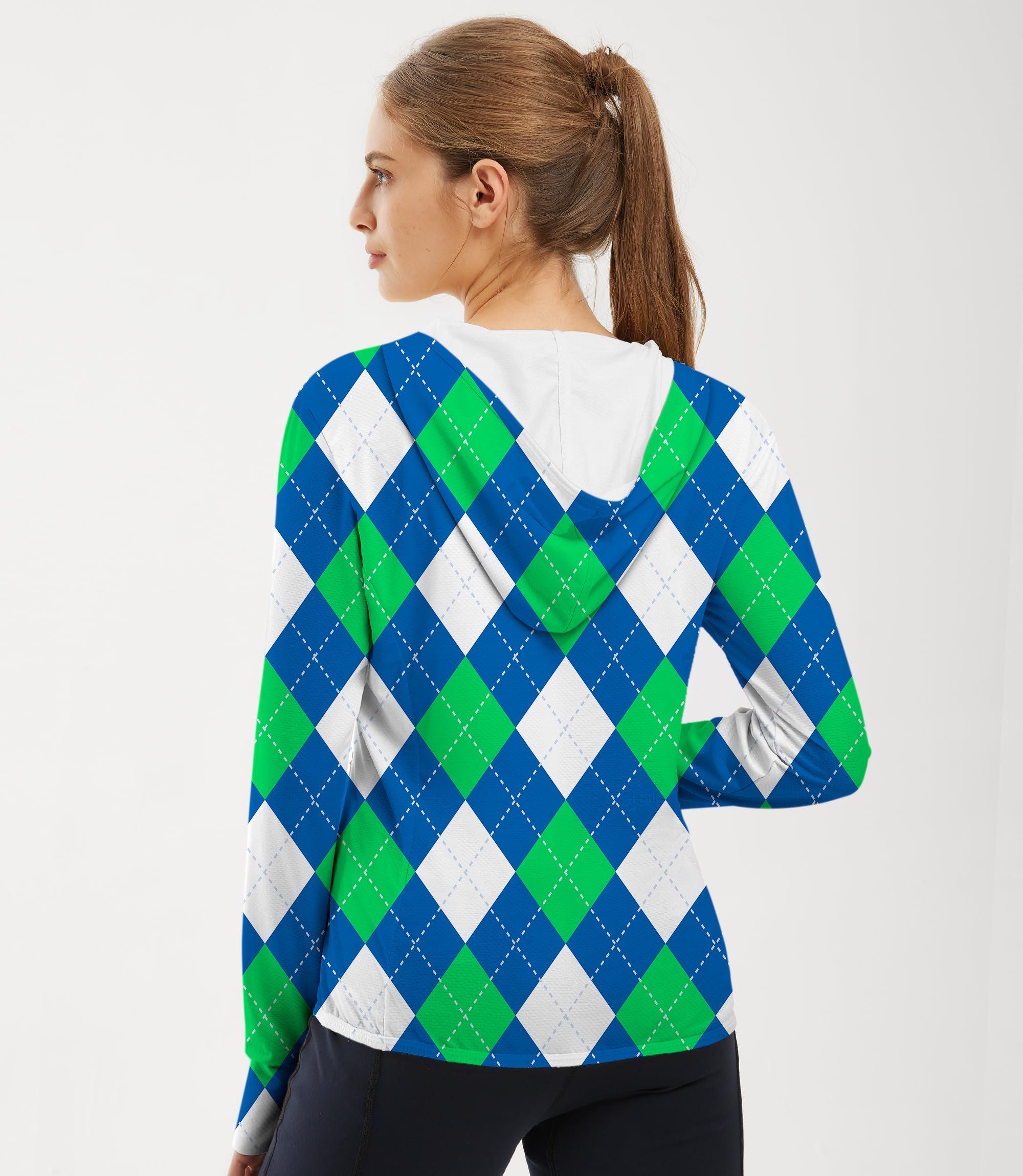 Women's outdoor argyle green blue golf sun protection slim fit zip hoodie with lightweight, quick-dry fabric and UPF 50+ sun protection.